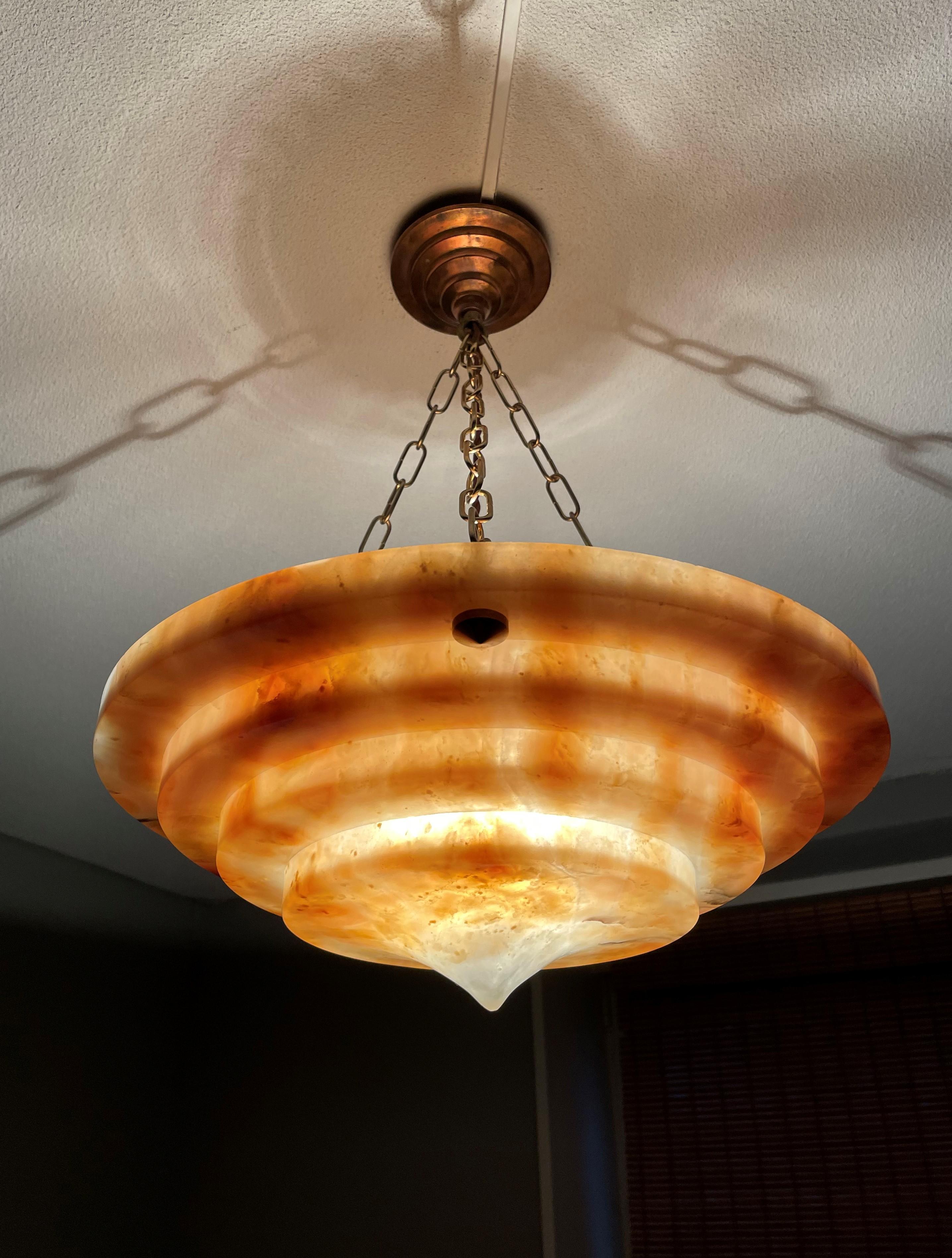 Pure Art Deco Alabaster Pendant Light w. Matching Copper Canopy & Bronzed Chain 5