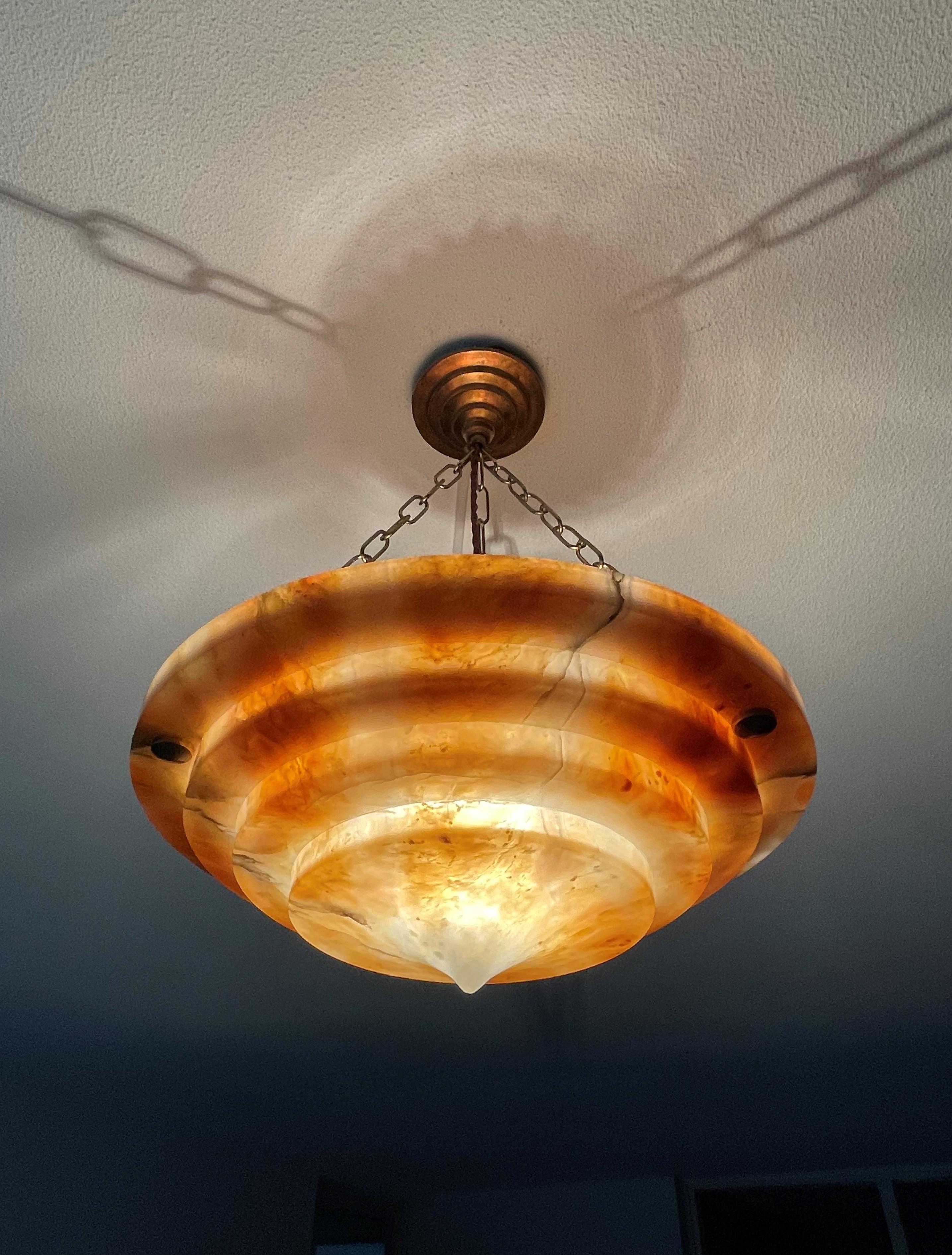 Pure Art Deco Alabaster Pendant Light w. Matching Copper Canopy & Bronzed Chain 9