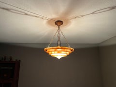 Pure Art Deco Alabaster Pendant Light w. Matching Copper Canopy & Bronzed Chain