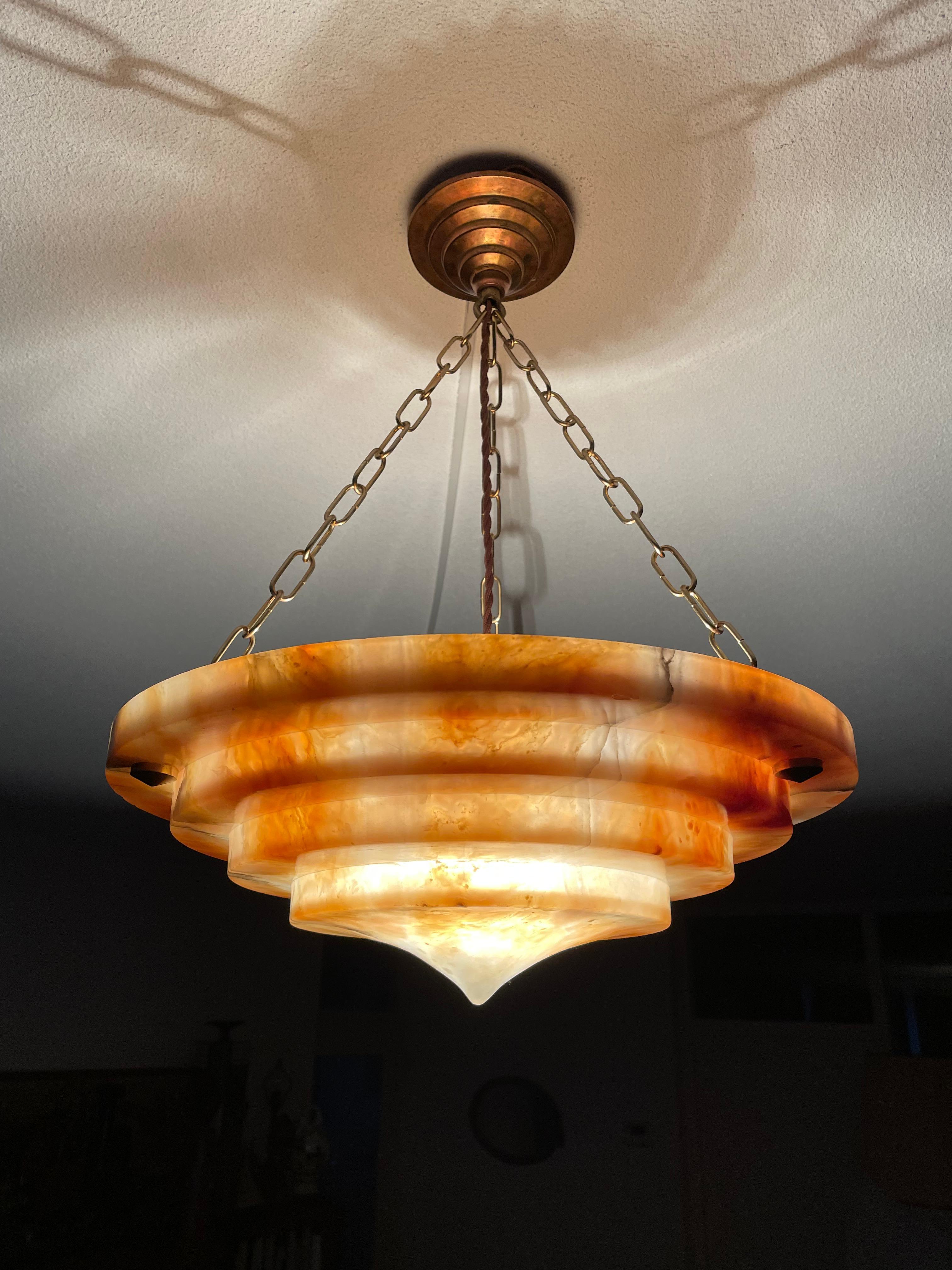 French Pure Art Deco Alabaster Pendant Light w. Matching Copper Canopy & Bronzed Chain