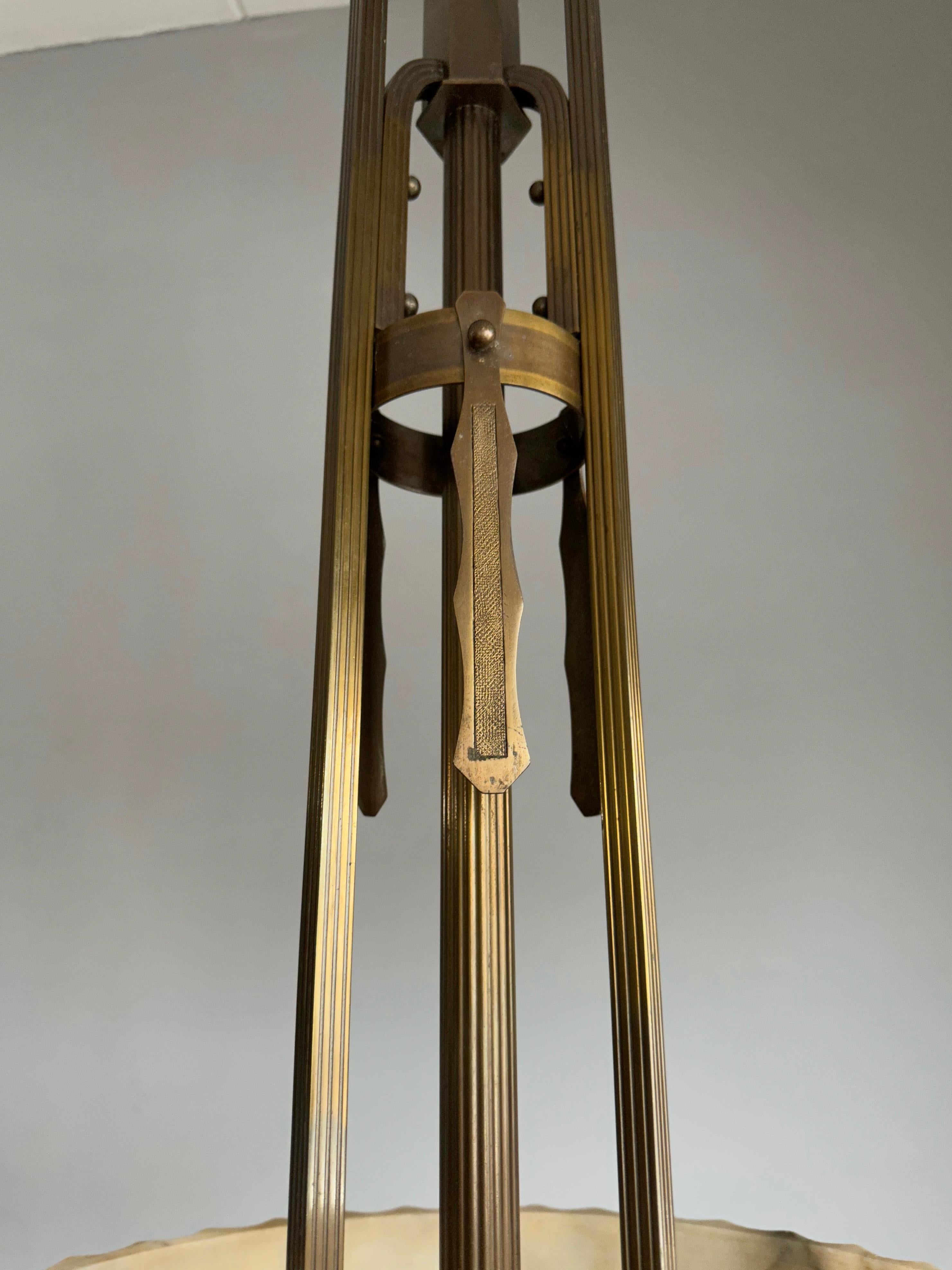 Hand-Carved Pure Art Deco Alabaster Pendant Light with Unique Bronze Hanging and Canopy For Sale