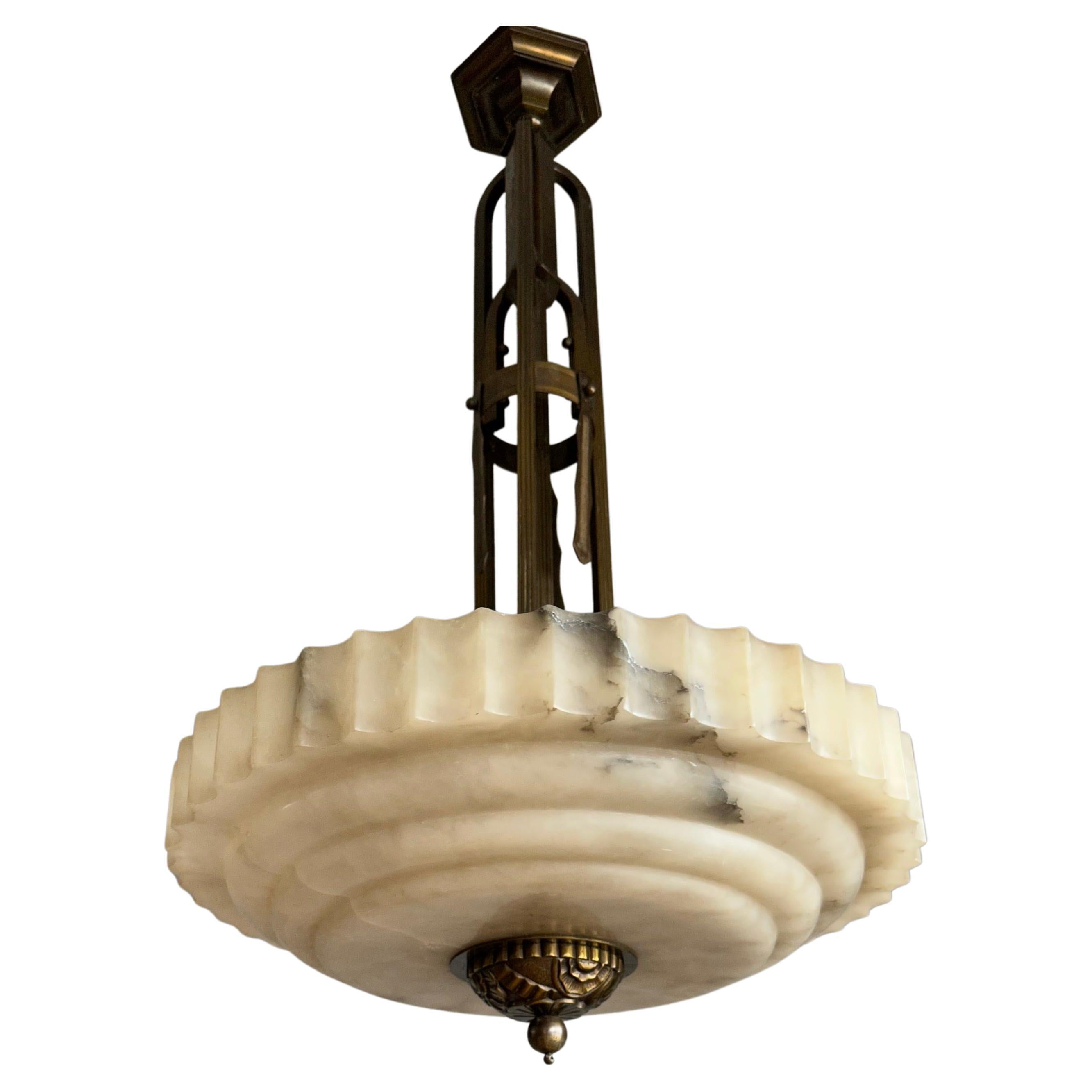 Pure Art Deco Alabaster Pendant Light with Unique Bronze Hanging and Canopy
