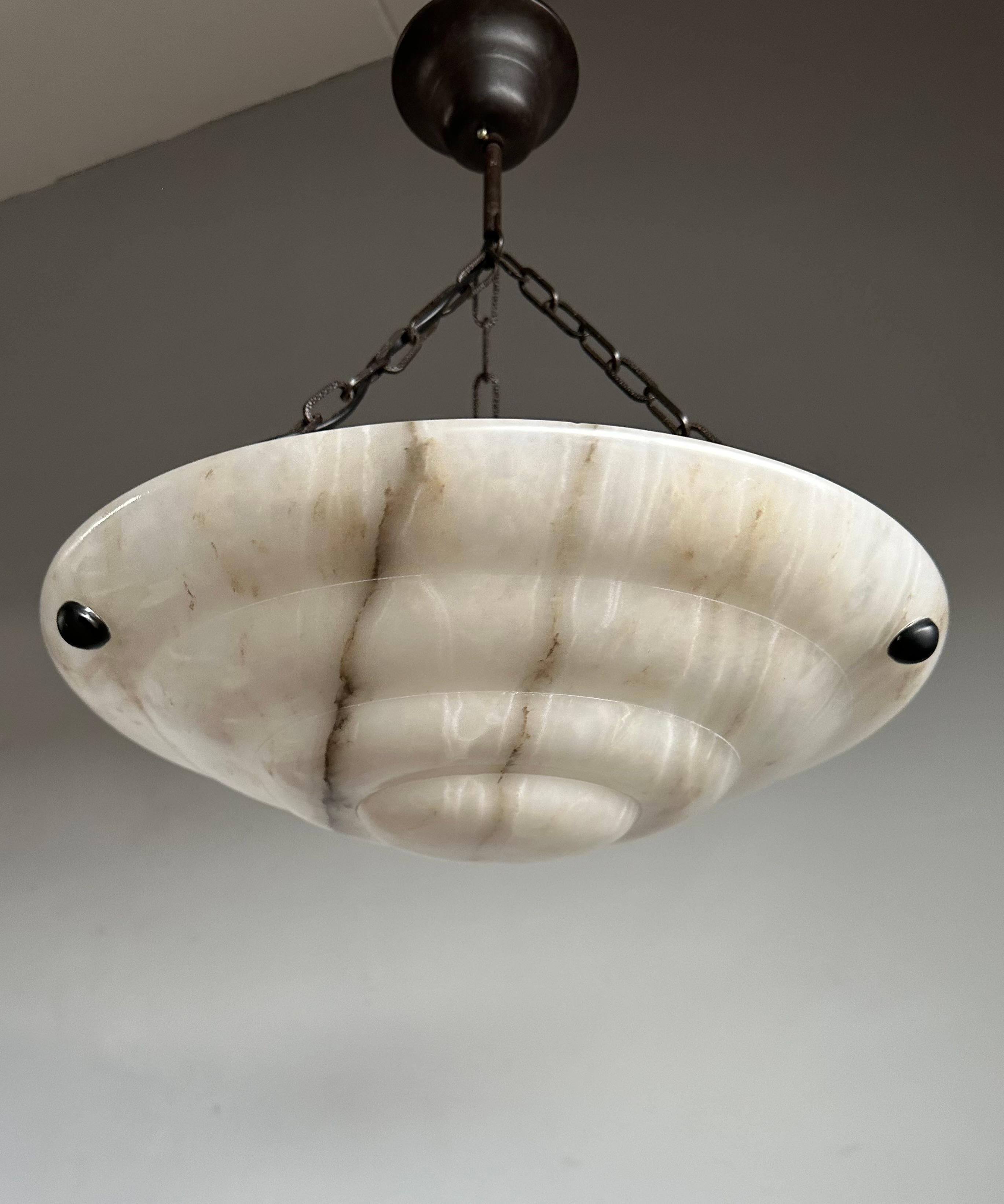 European Pure Art Deco and Mint Condition White & Black Layered Alabaster Pendant Light For Sale