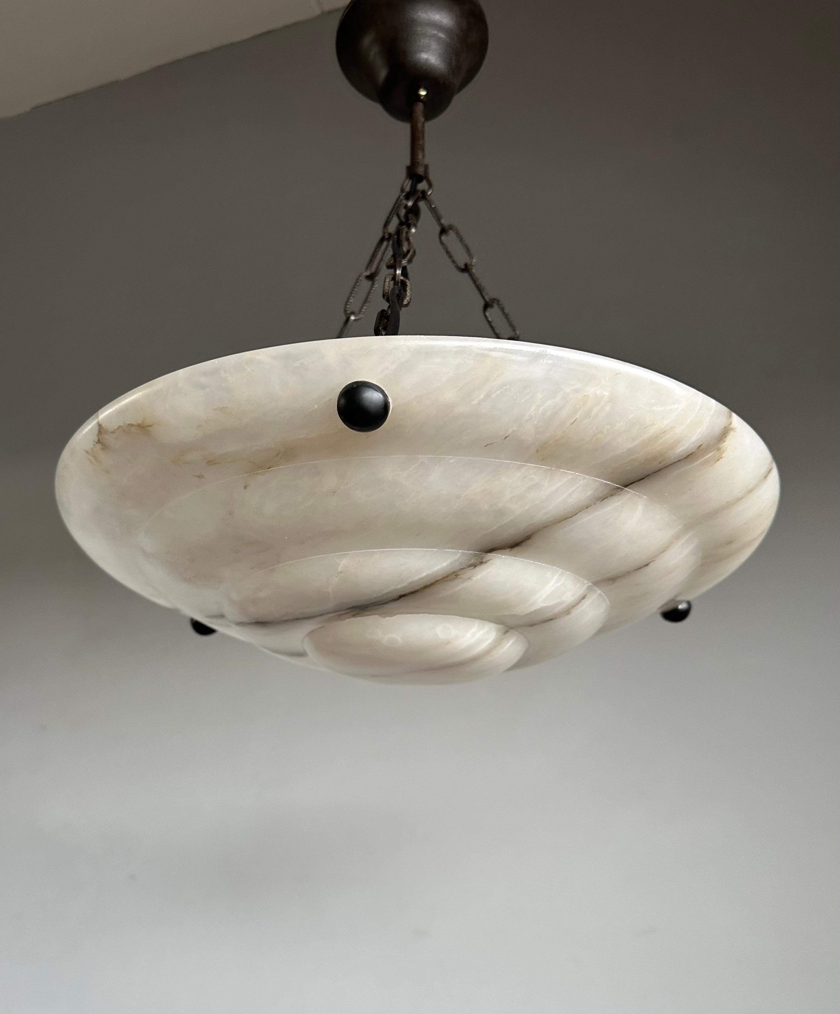 Hand-Carved Pure Art Deco and Mint Condition White & Black Layered Alabaster Pendant Light For Sale