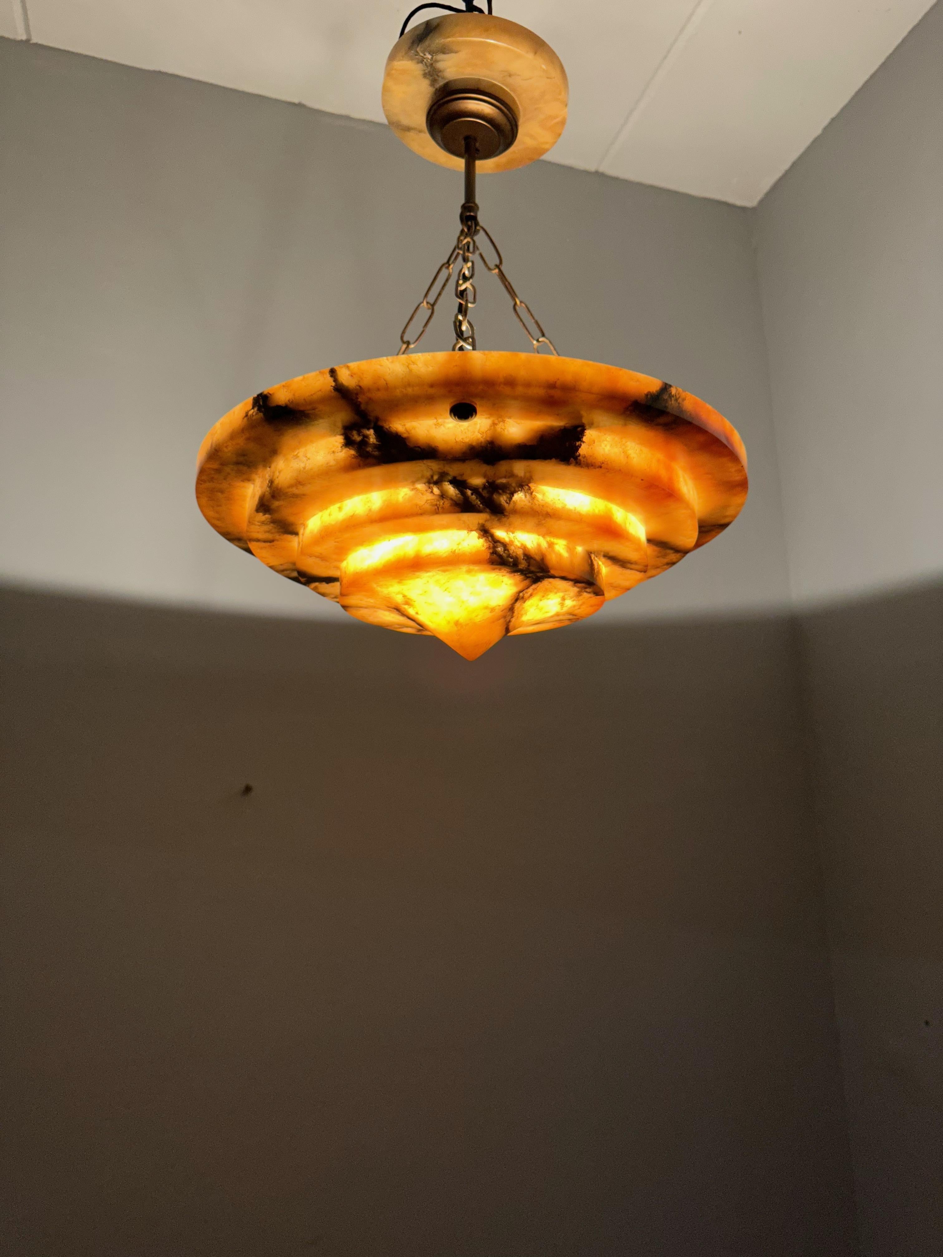 Hand-Carved Pure Art Deco and Perfect Size, Multi Layered Alabaster Ceiling Light / Pendant