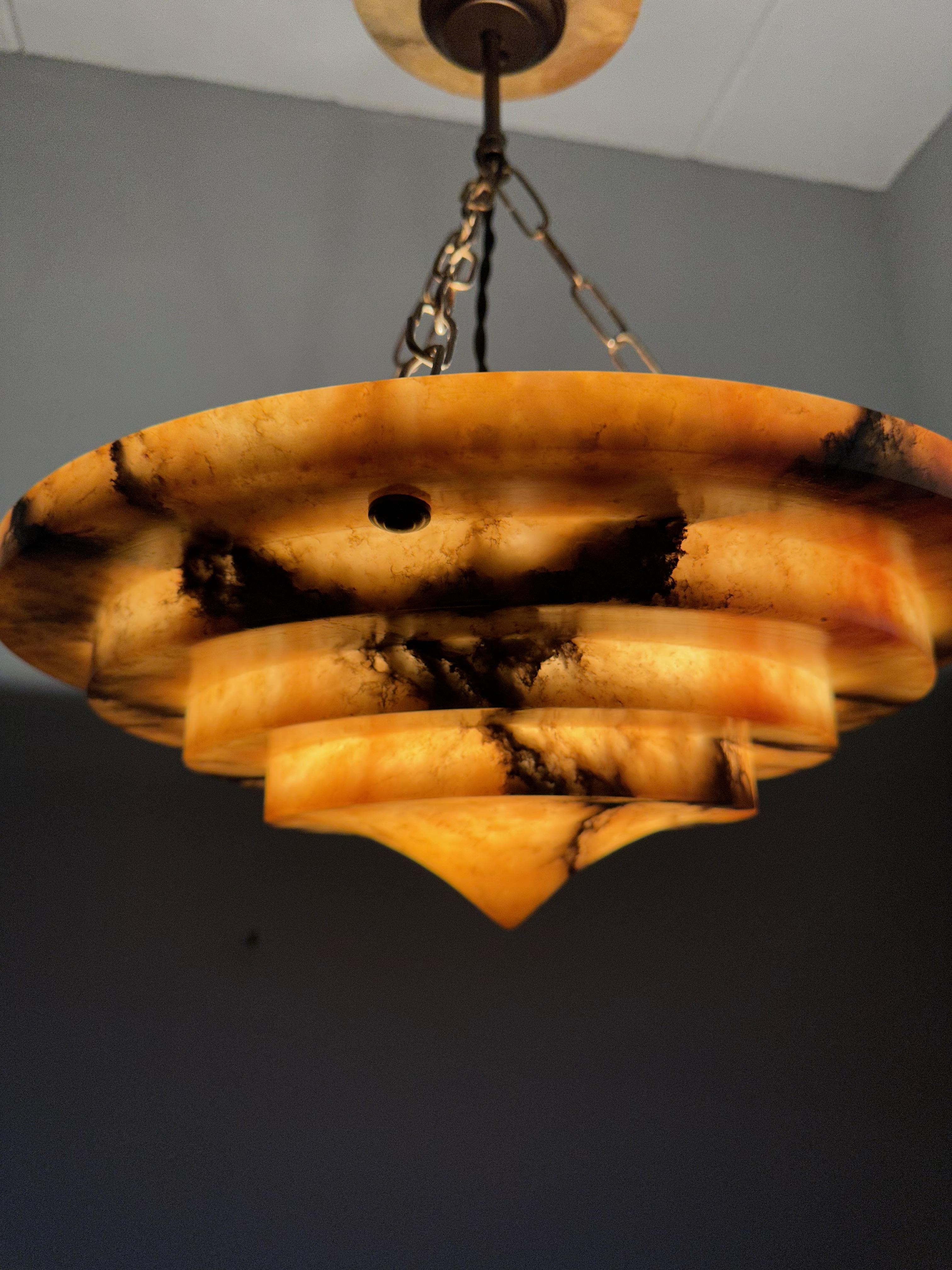 Brass Pure Art Deco and Perfect Size, Multi Layered Alabaster Ceiling Light / Pendant