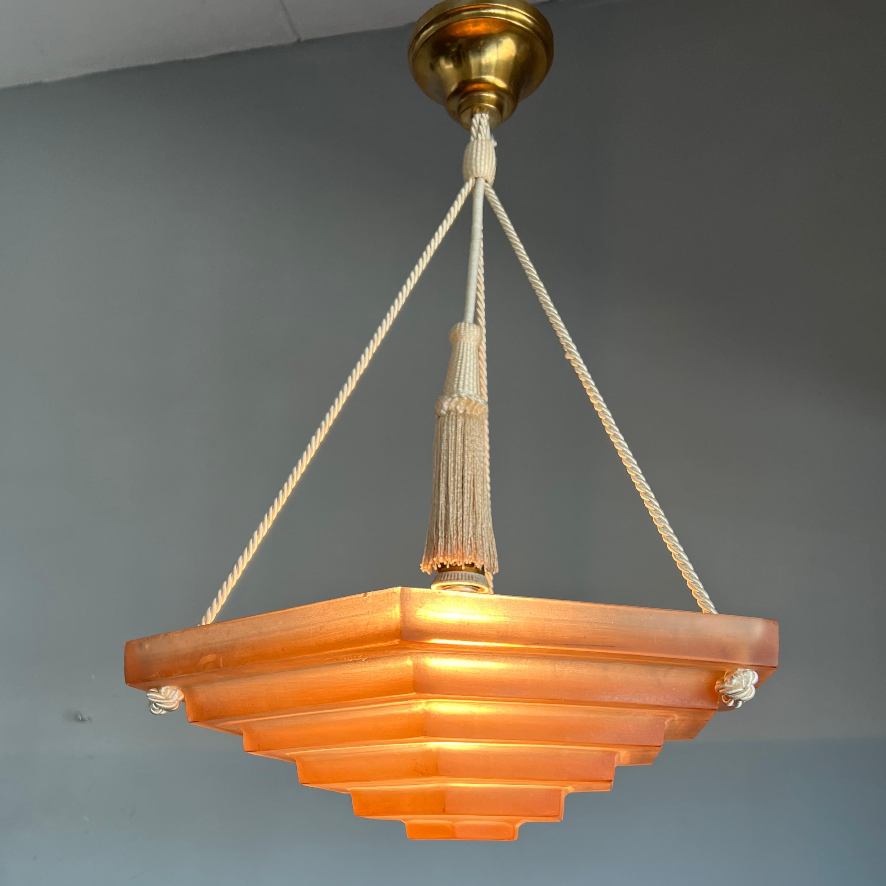 Pure Art Deco and Perfect Size, Multi Layered Glass Shade Pendant, Signed Degué 3
