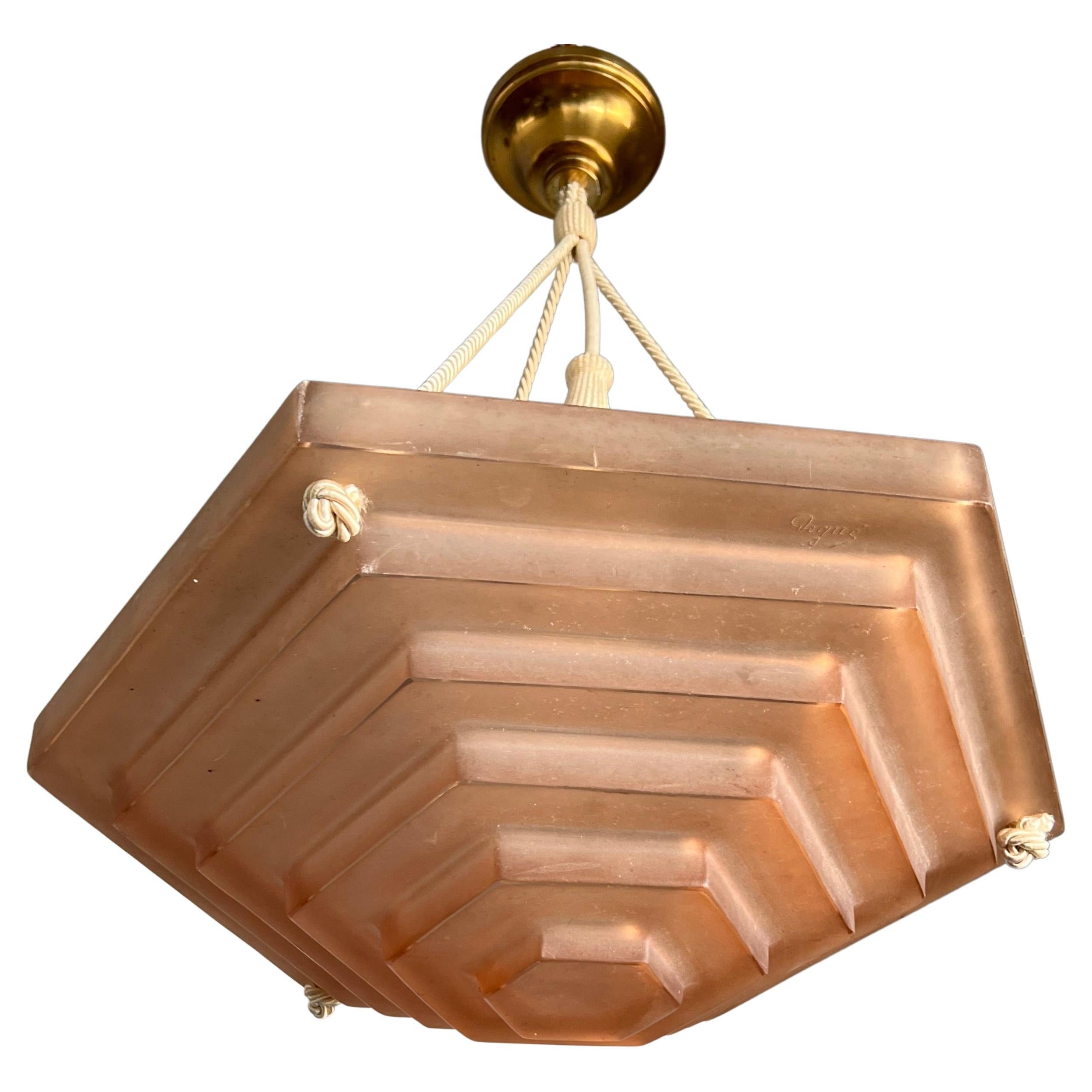 Pure Art Deco and Perfect Size, Multi Layered Glass Shade Pendant, Signed Degué