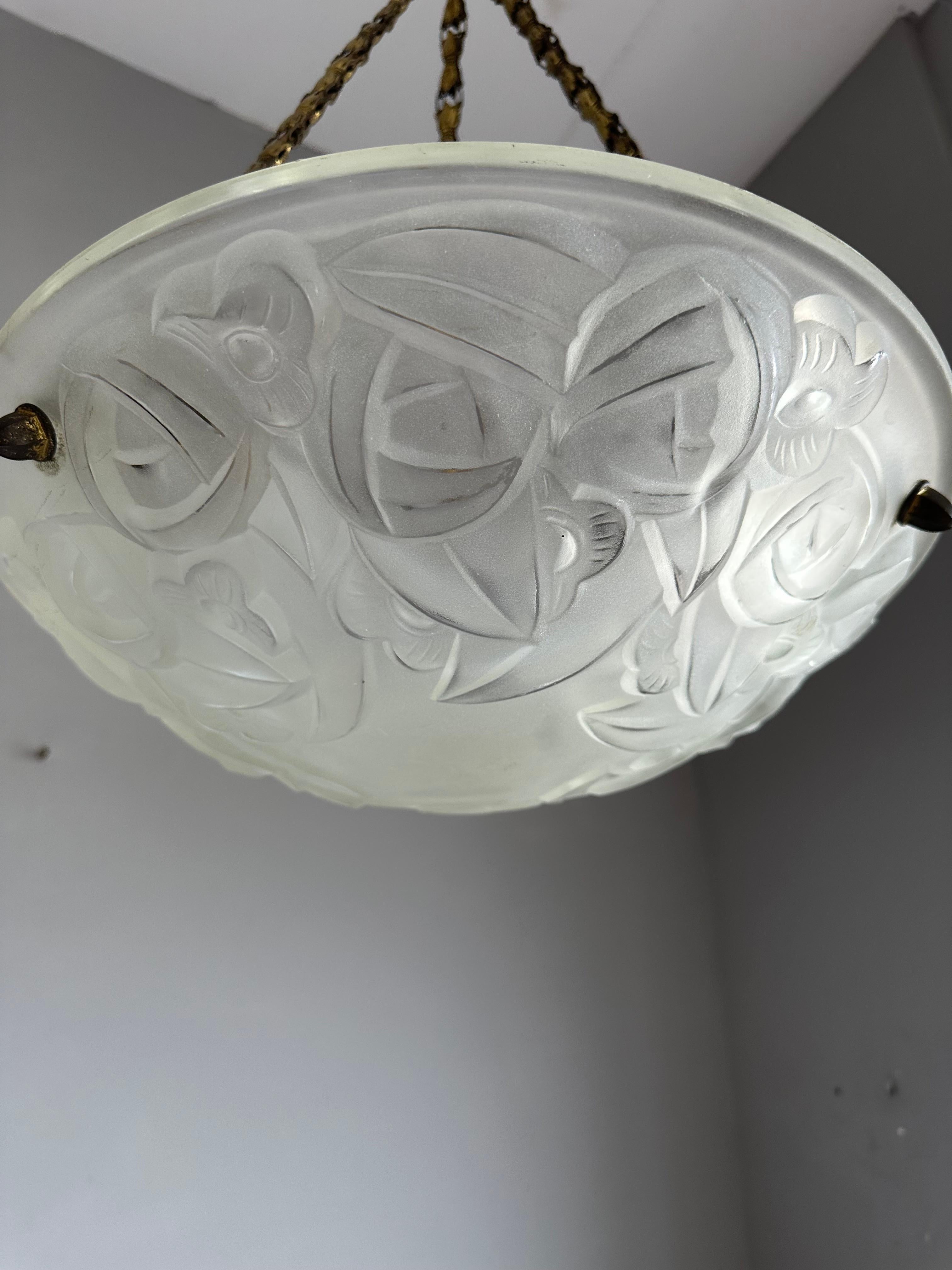 Art Glass Pure Art Deco and Perfect Size, Stylish Roses Glass Shade Pendant, Signed Degué For Sale