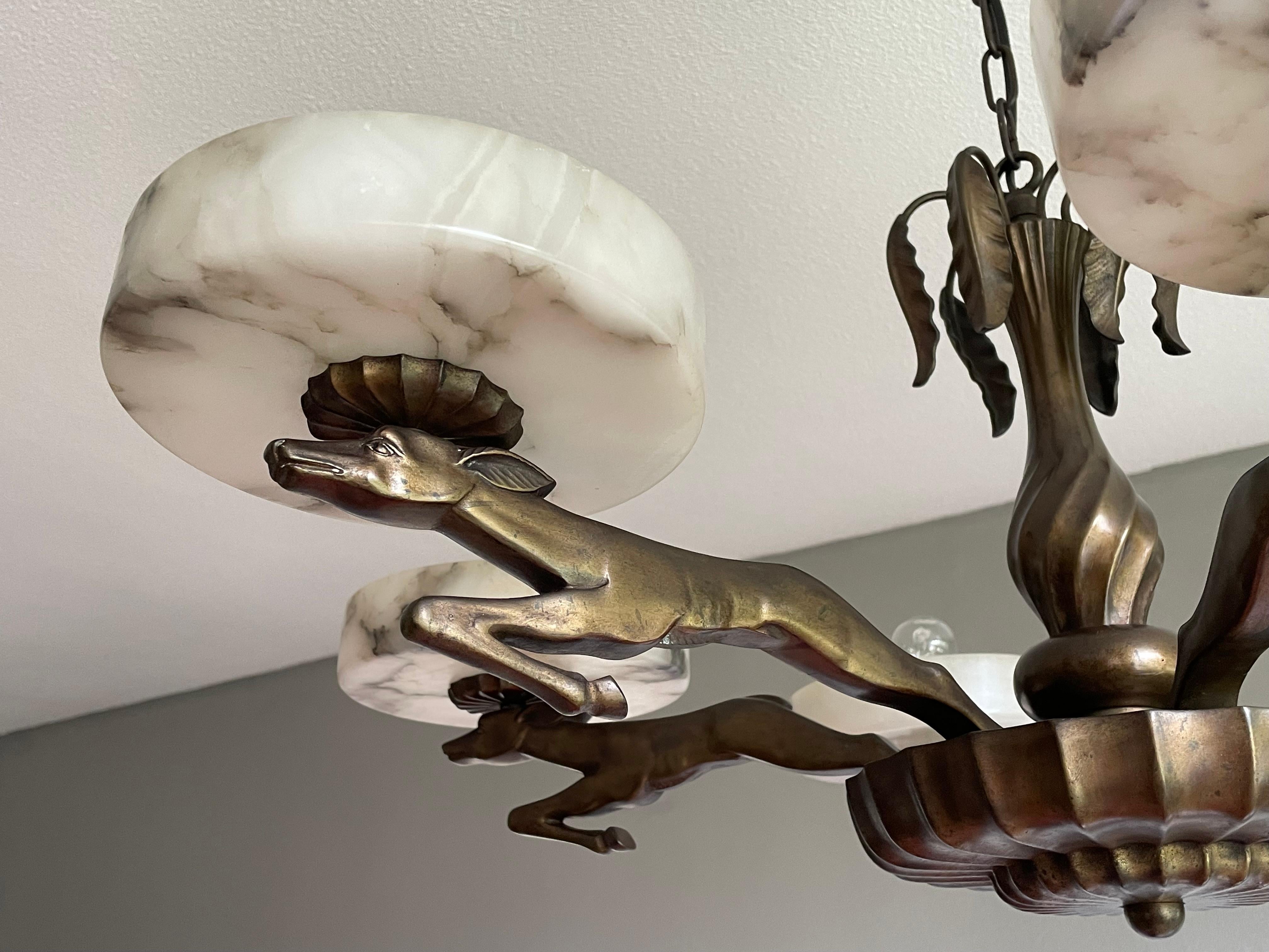 Pure Art Deco Bronze & Alabaster Chandelier w. Stylized Running Deer Sculptures In Good Condition For Sale In Lisse, NL