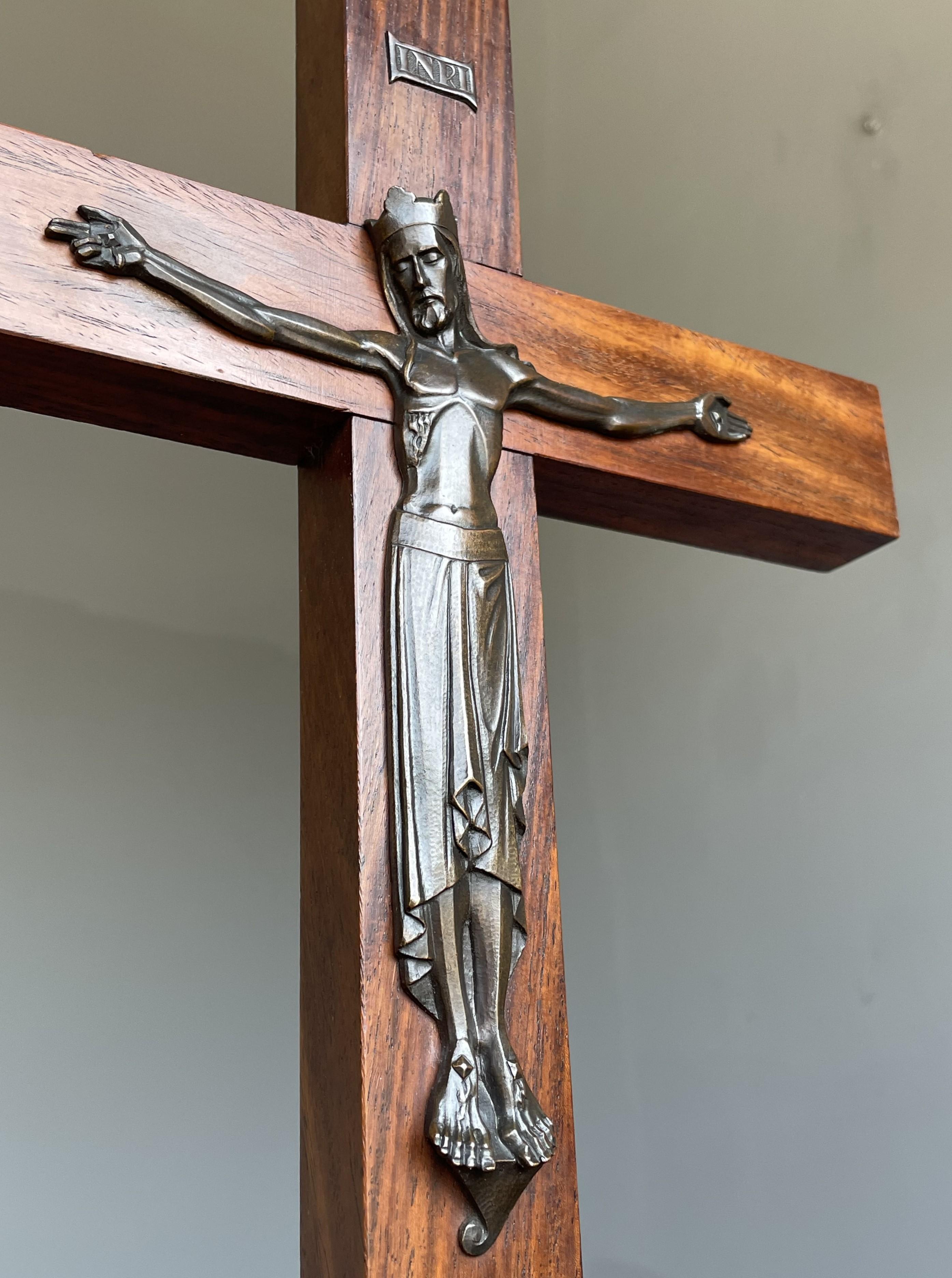 European Pure Art Deco Crucifix w. Stylized Bronze Sculpture of Christ on Silkwood Cross For Sale