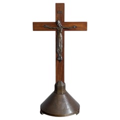 Vintage Pure Art Deco Crucifix w. Stylized Bronze Sculpture of Christ on Silkwood Cross