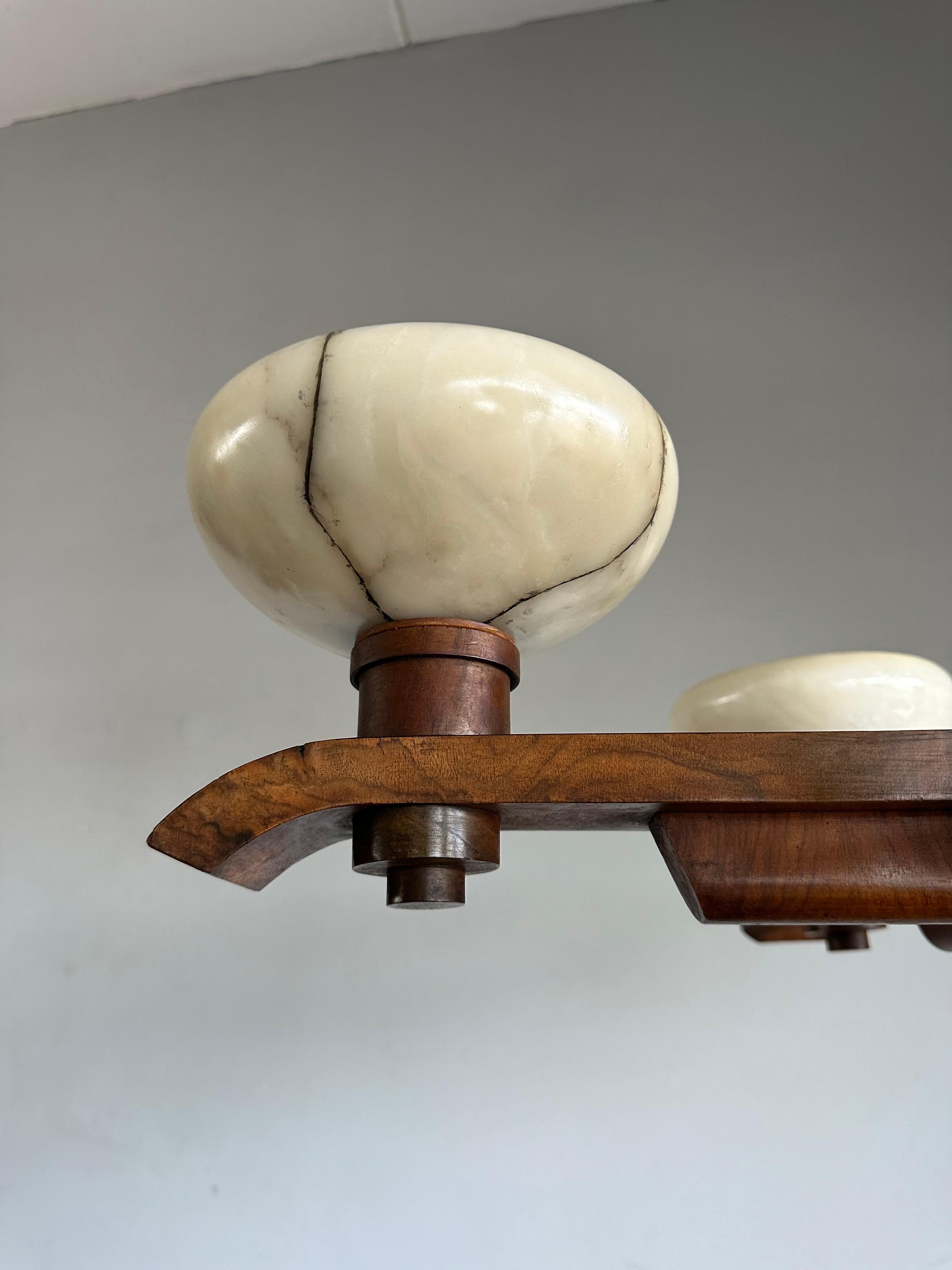 Pure Art Deco Design Nutwood and Five Alabaster Shades Pendant Light, Chandelier 2