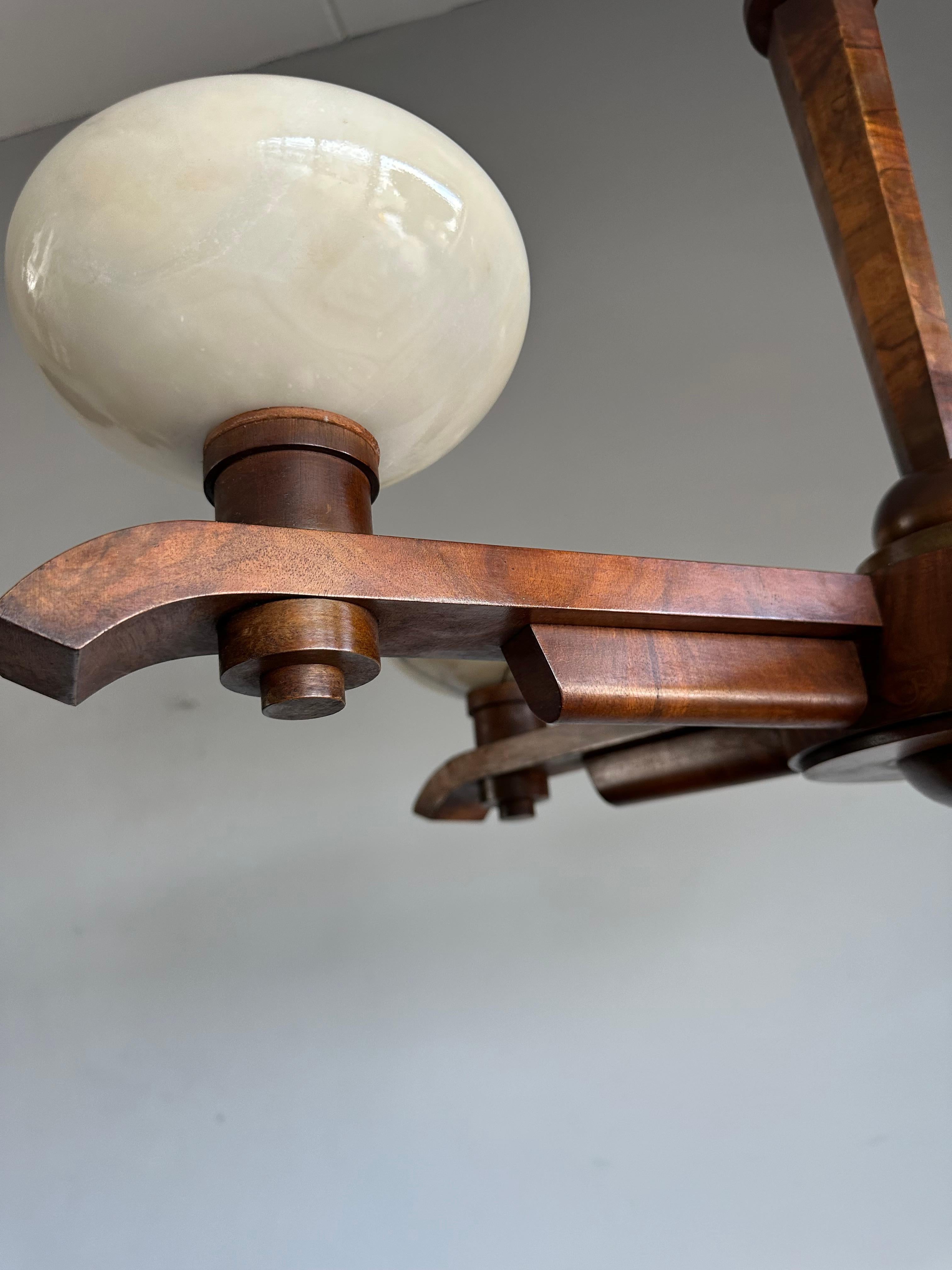 Pure Art Deco Design Nutwood and Five Alabaster Shades Pendant Light, Chandelier 3