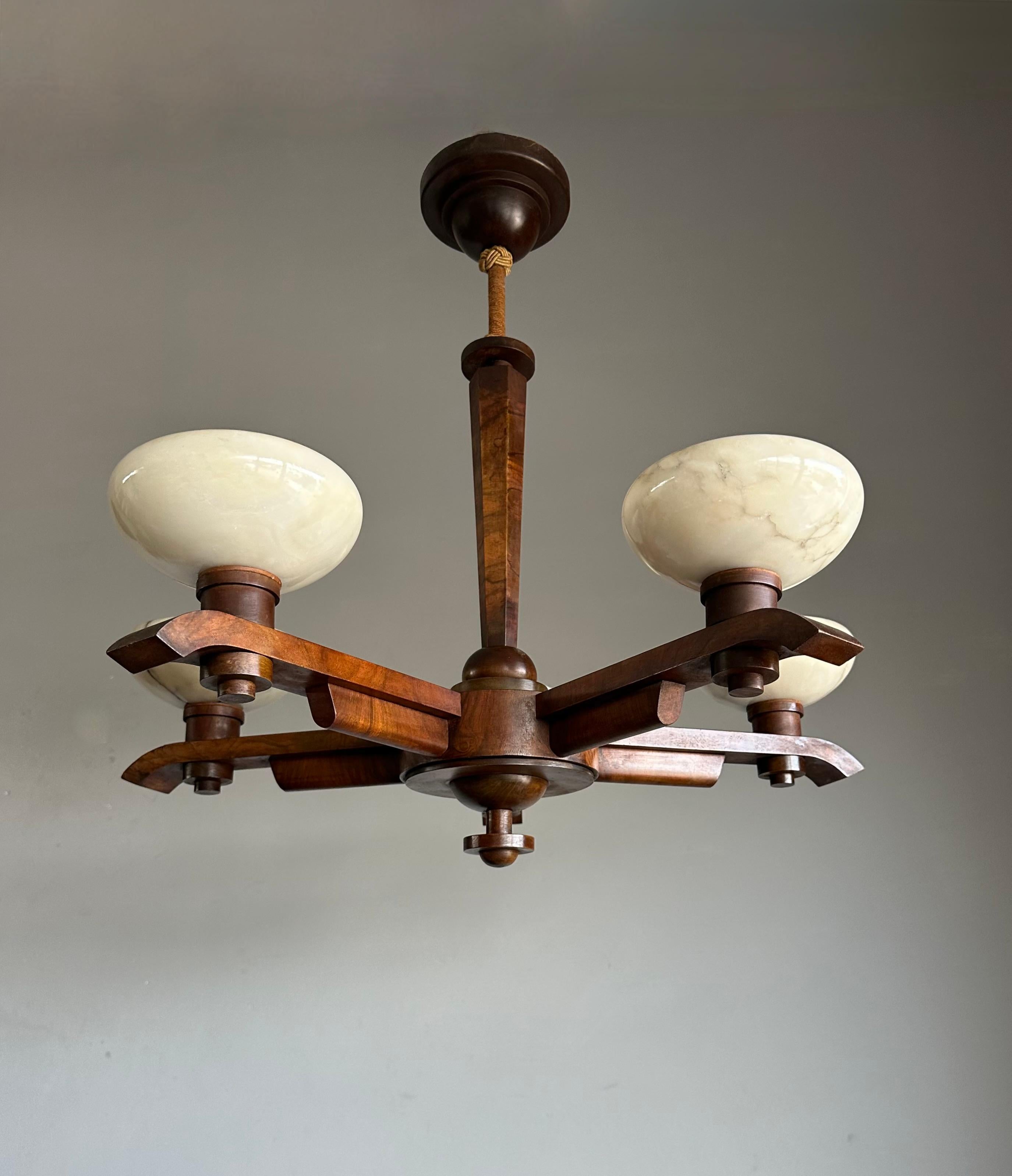 Pure Art Deco Design Nutwood and Five Alabaster Shades Pendant Light, Chandelier 4