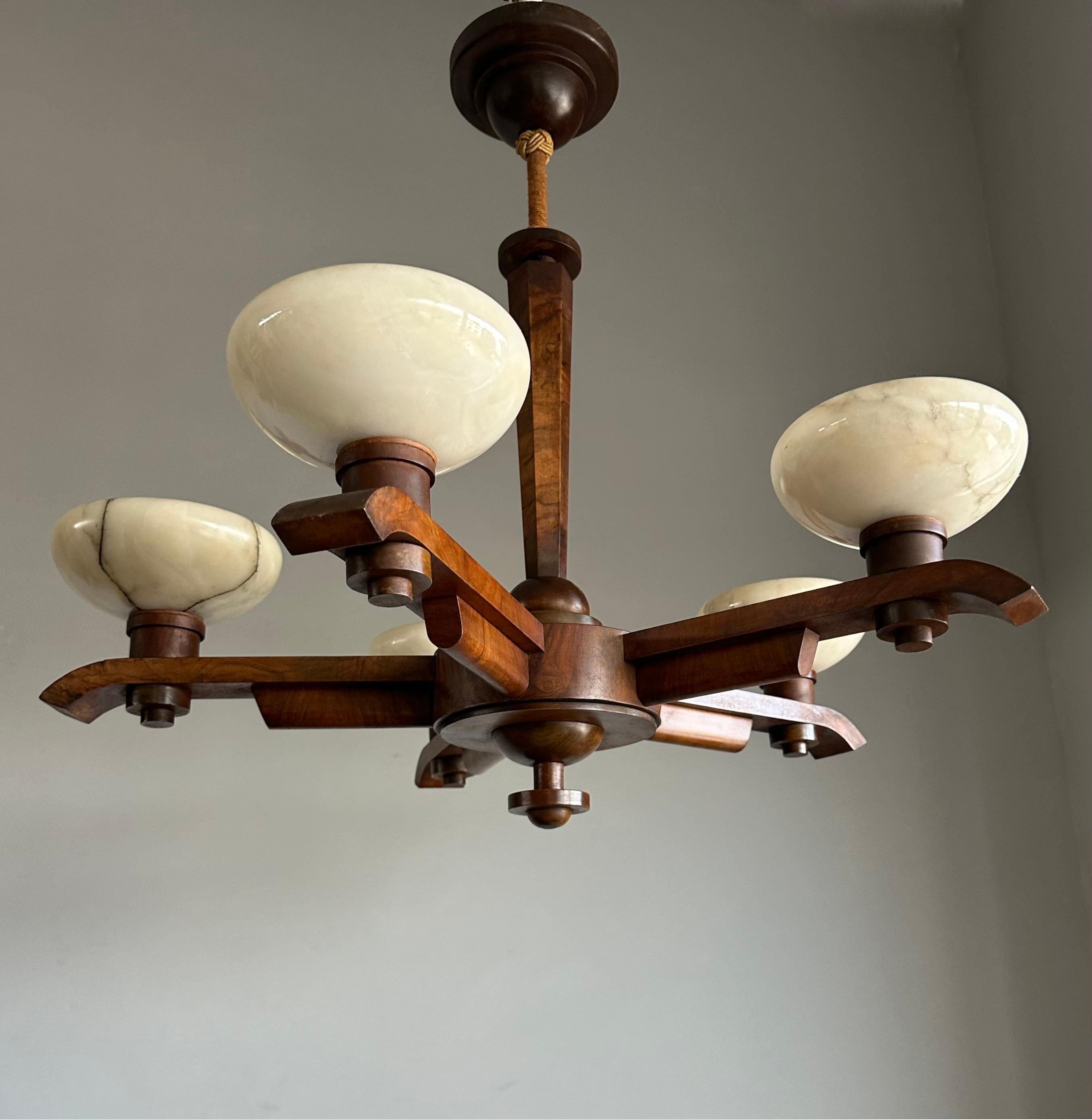 Pure Art Deco Design Nutwood and Five Alabaster Shades Pendant Light, Chandelier 5