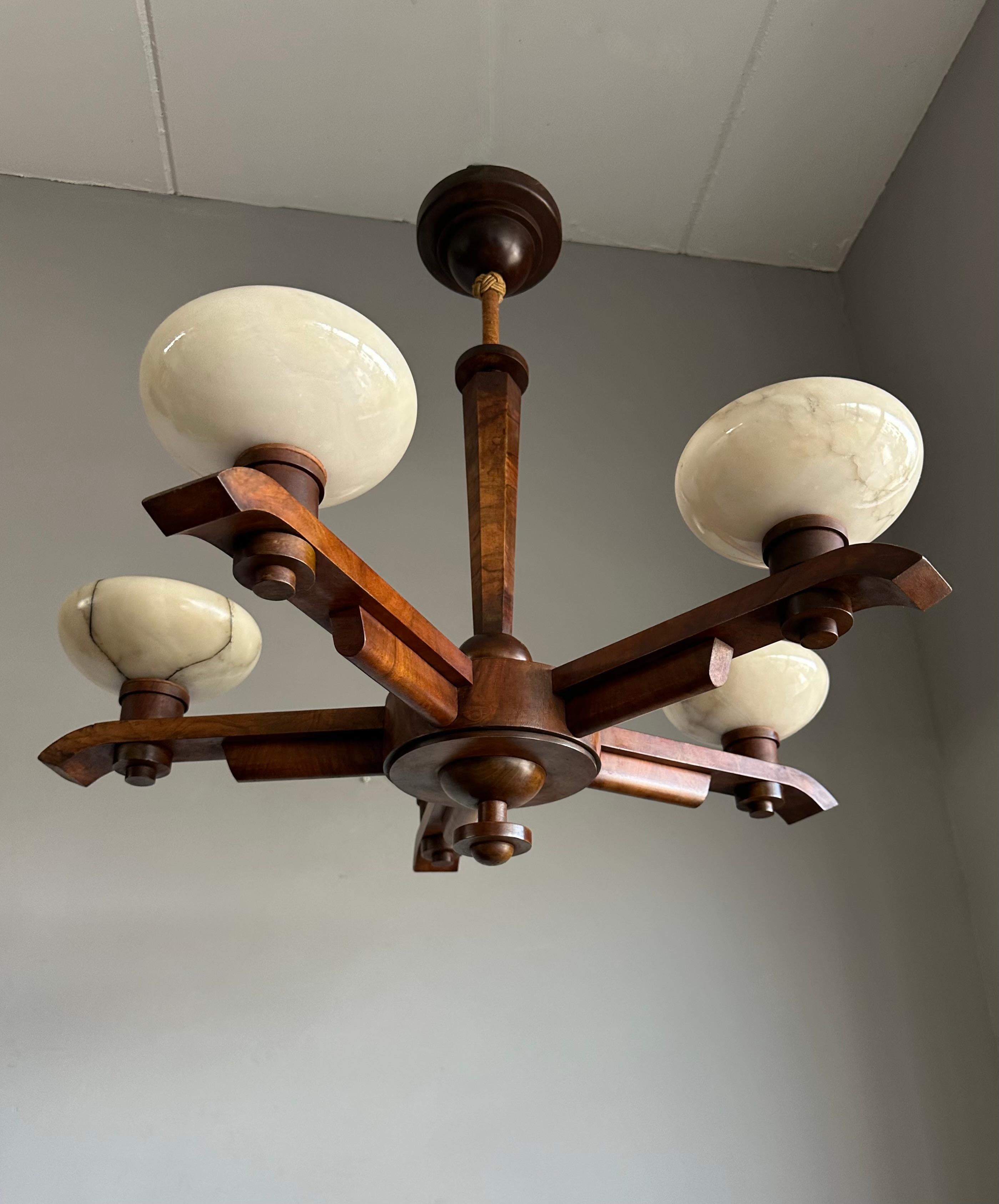 Pure Art Deco Design Nutwood and Five Alabaster Shades Pendant Light, Chandelier 6