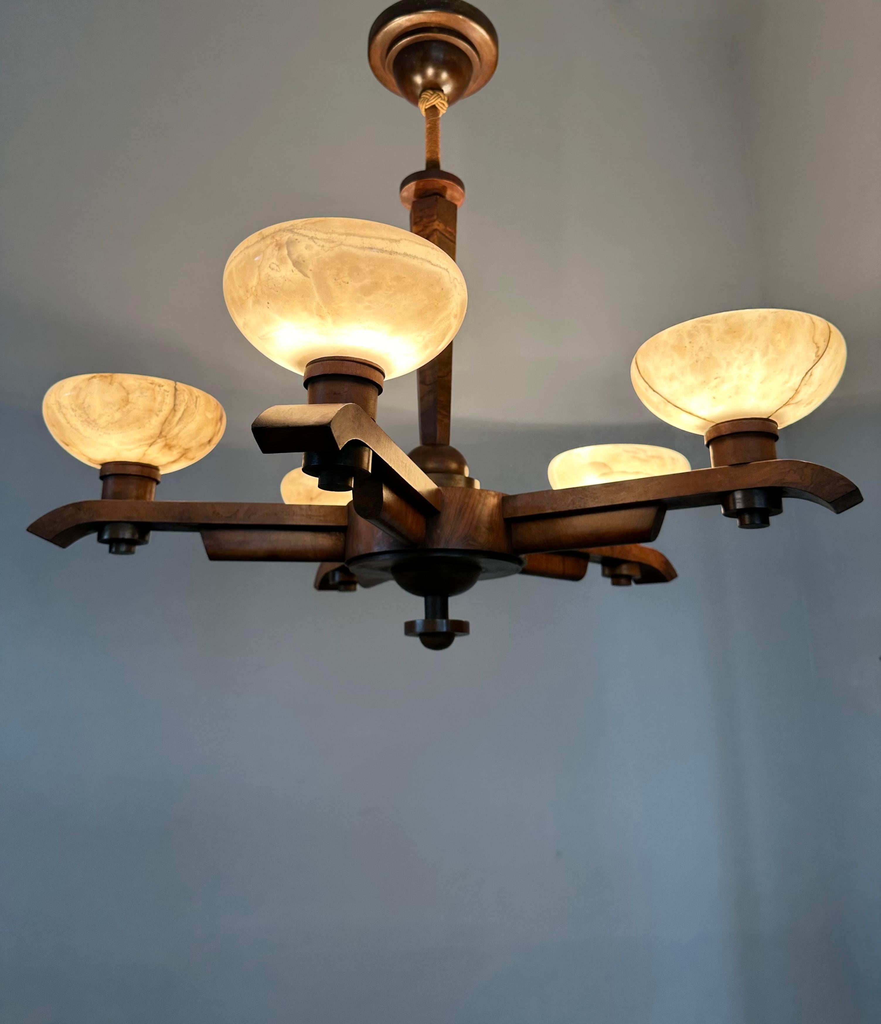Pure Art Deco Design Nutwood and Five Alabaster Shades Pendant Light, Chandelier 8