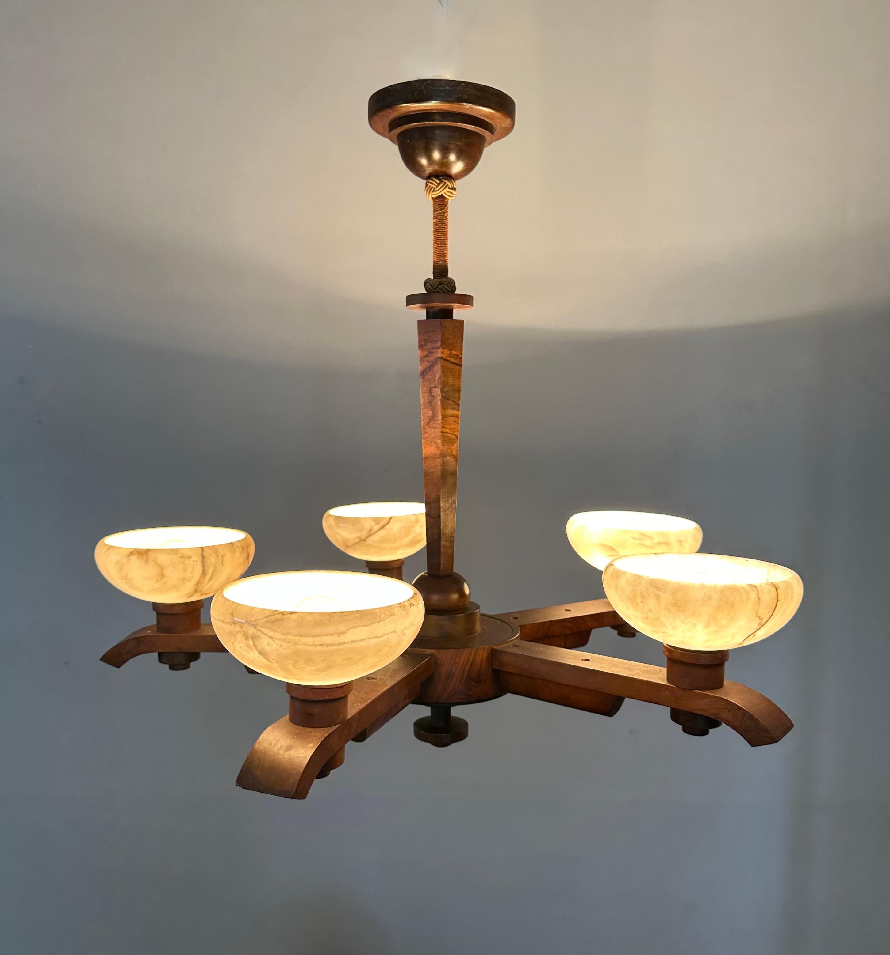 Pure Art Deco Design Nutwood and Five Alabaster Shades Pendant Light, Chandelier 9