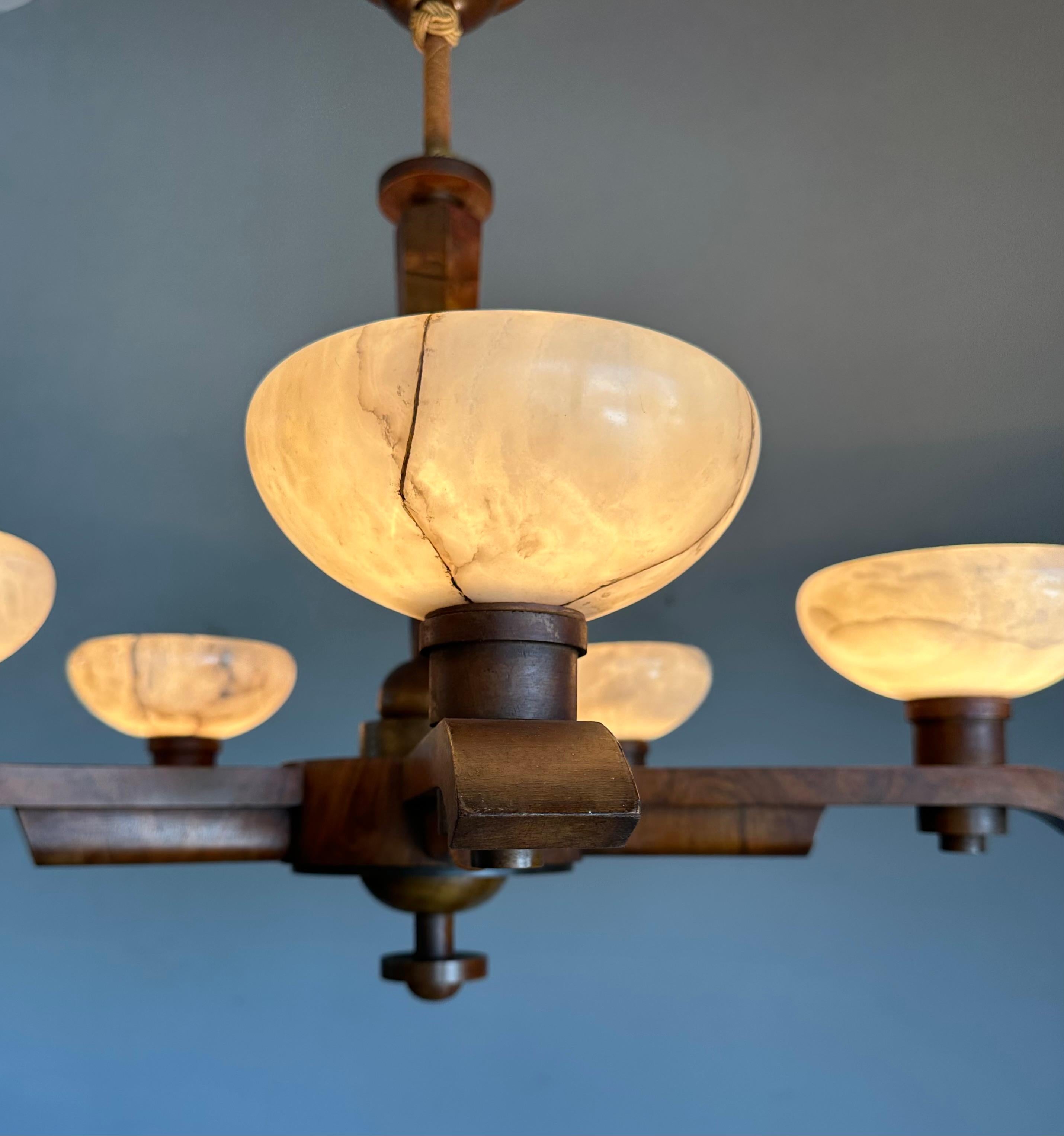 Pure Art Deco Design Nutwood and Five Alabaster Shades Pendant Light, Chandelier 10