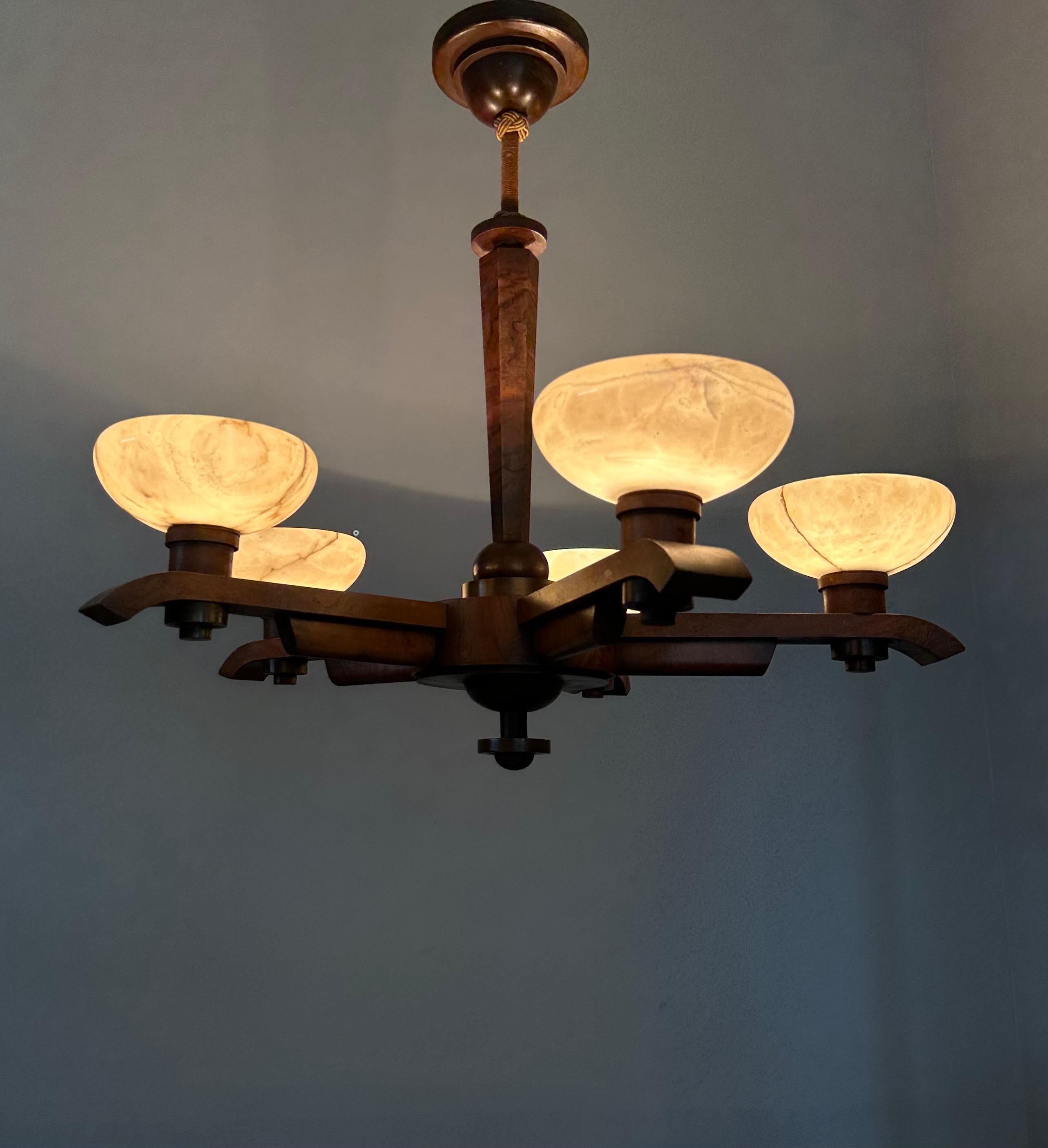 Pure Art Deco Design Nutwood and Five Alabaster Shades Pendant Light, Chandelier 11