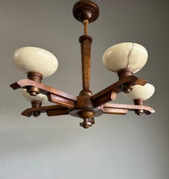 Pure Art Deco Design Nutwood and Five Alabaster Shades Pendant Light, Chandelier