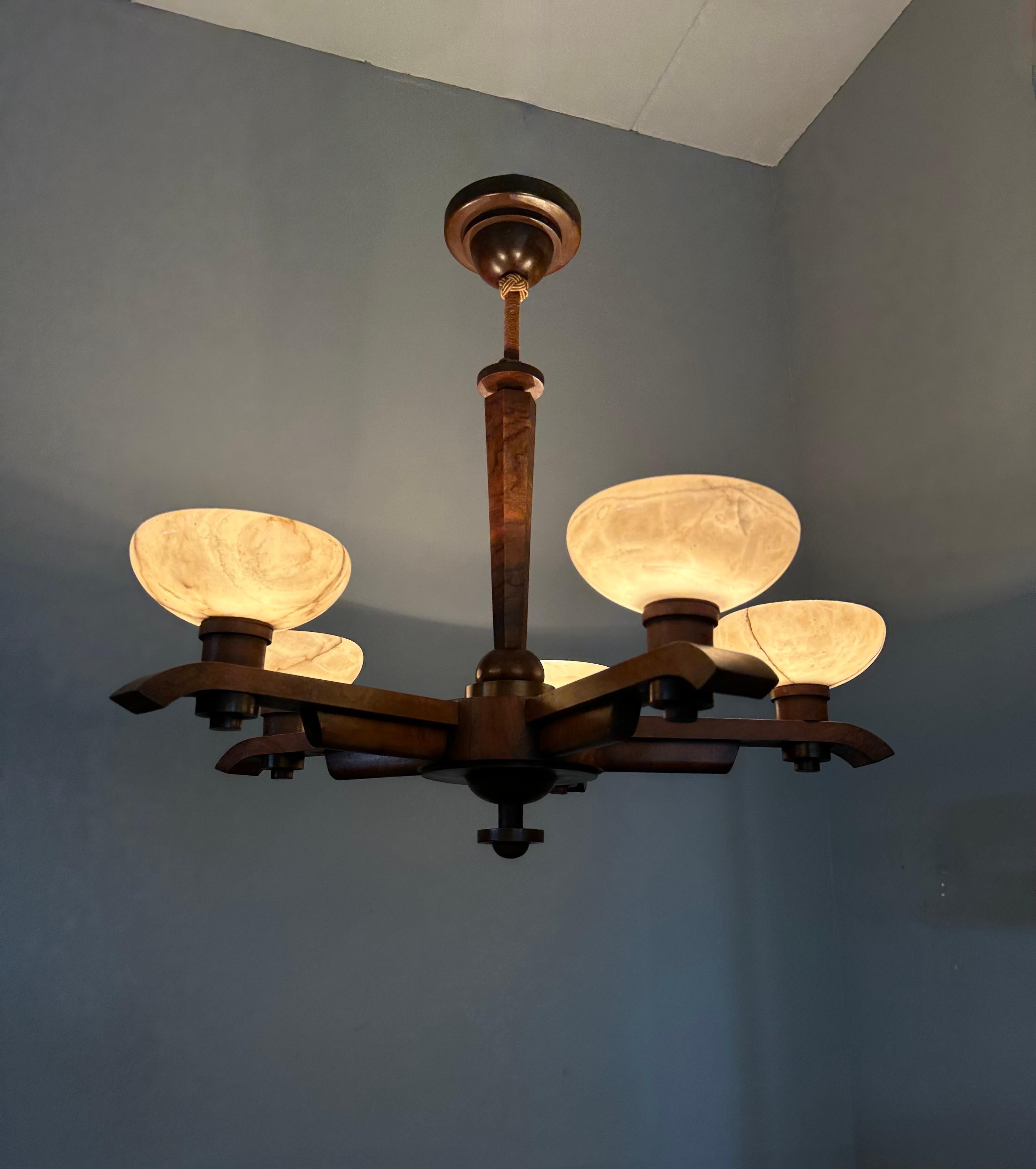 Pure Art Deco Design Nutwood and Five Alabaster Shades Pendant Light, Chandelier 12