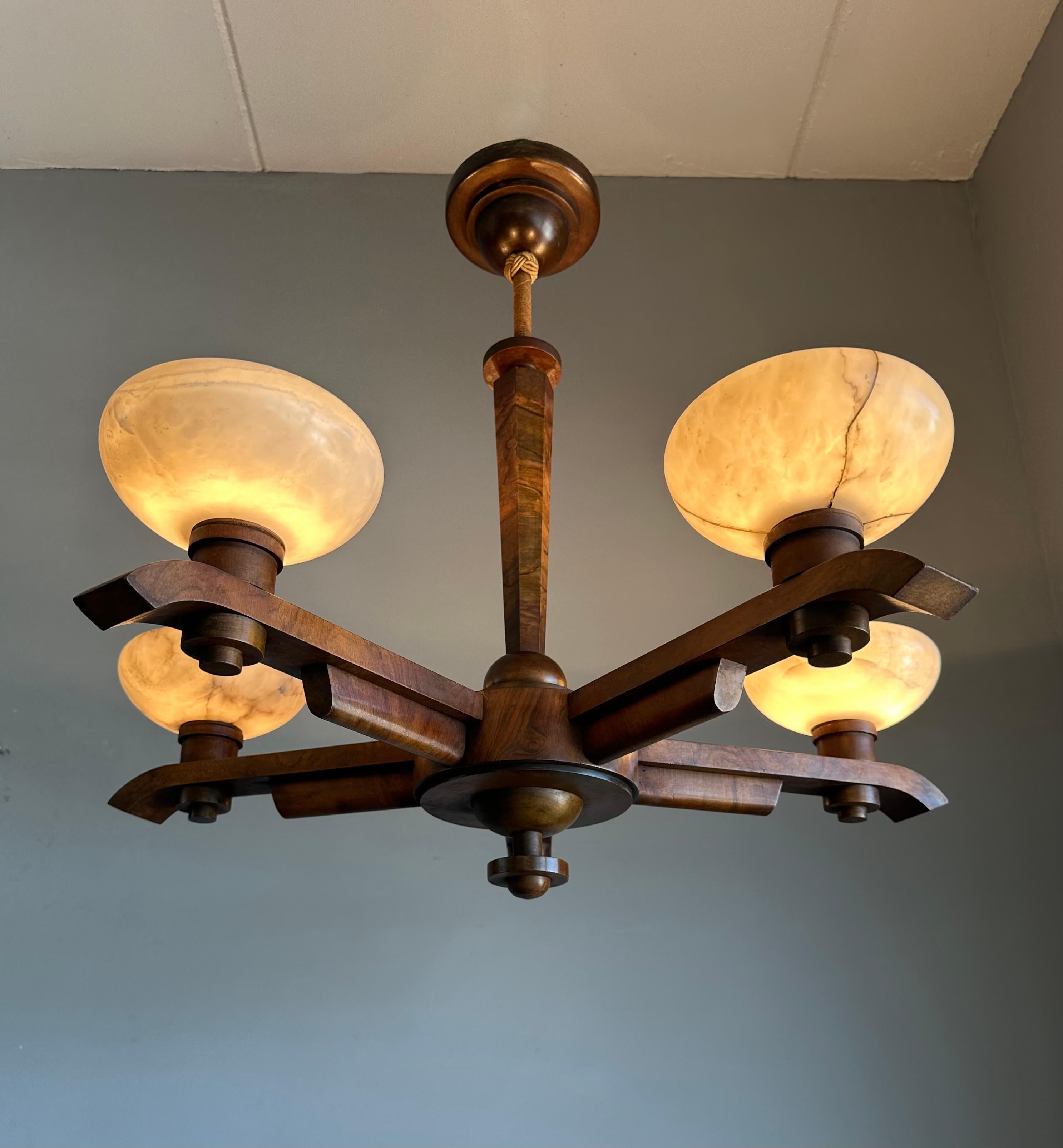 European Pure Art Deco Design Nutwood and Five Alabaster Shades Pendant Light, Chandelier