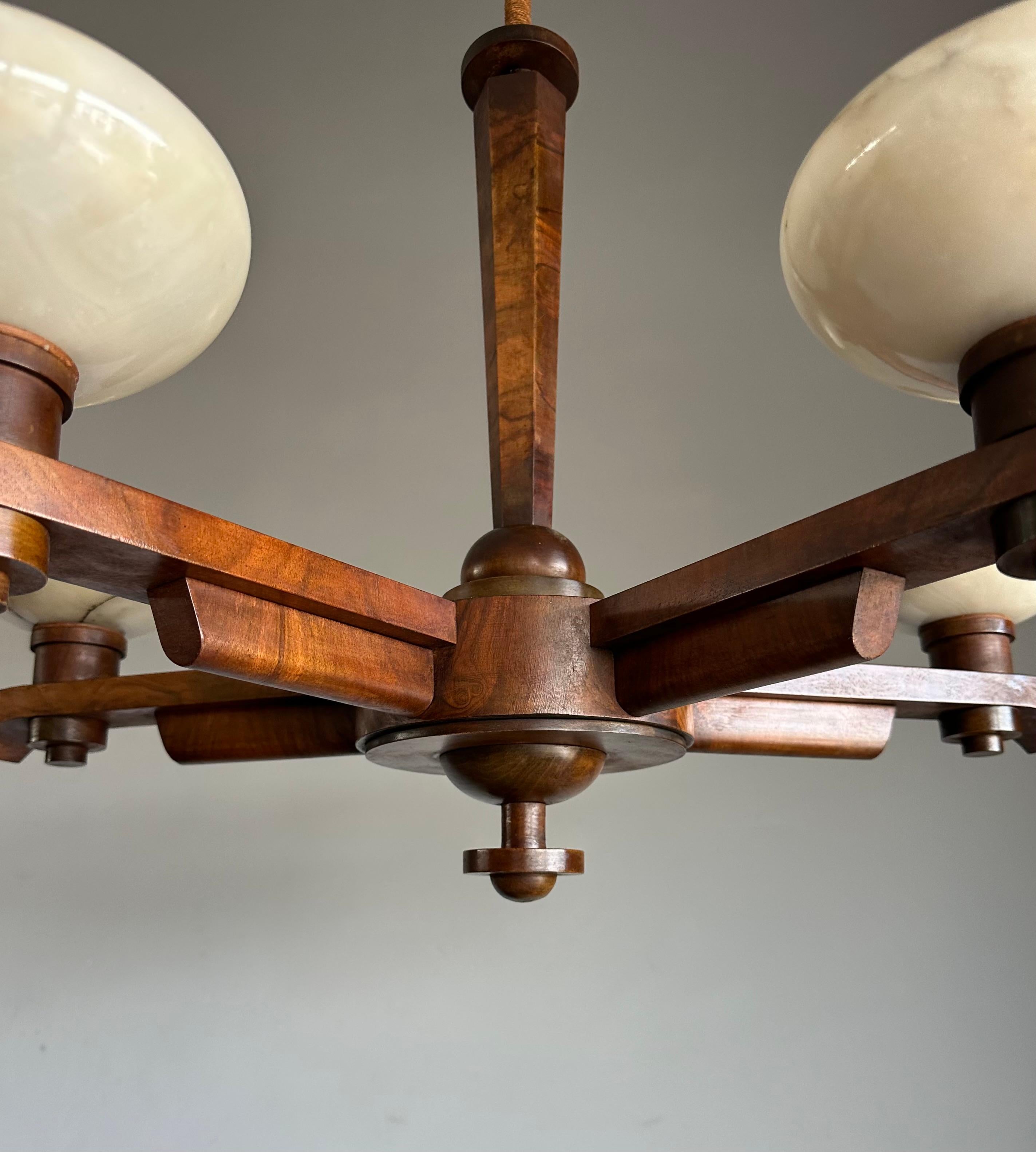 Hand-Carved Pure Art Deco Design Nutwood and Five Alabaster Shades Pendant Light, Chandelier