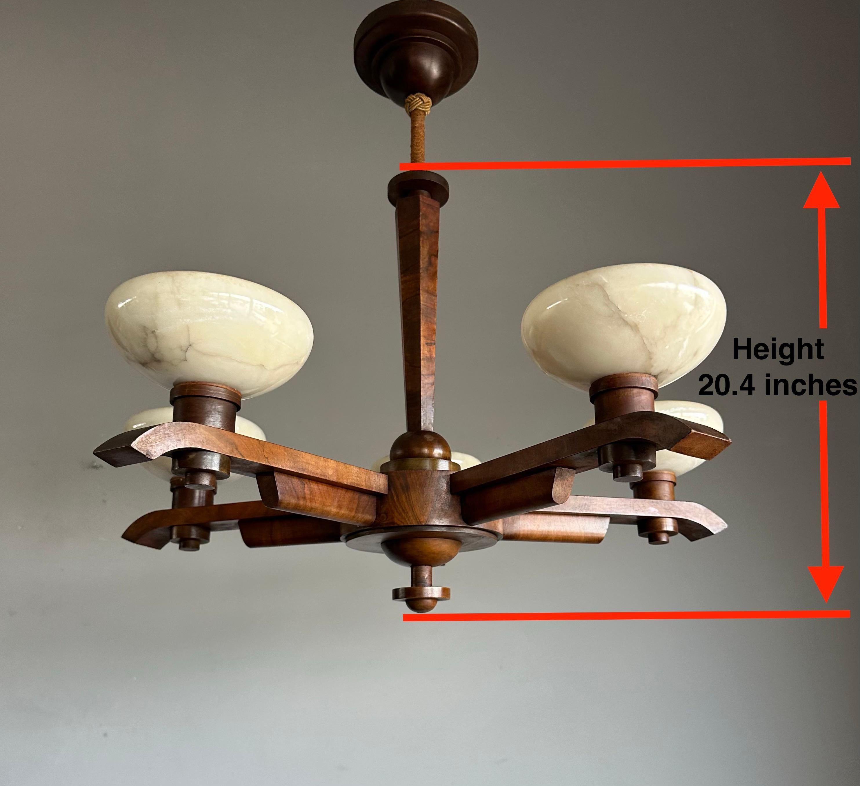 Pure Art Deco Design Nutwood and Five Alabaster Shades Pendant Light, Chandelier In Good Condition In Lisse, NL