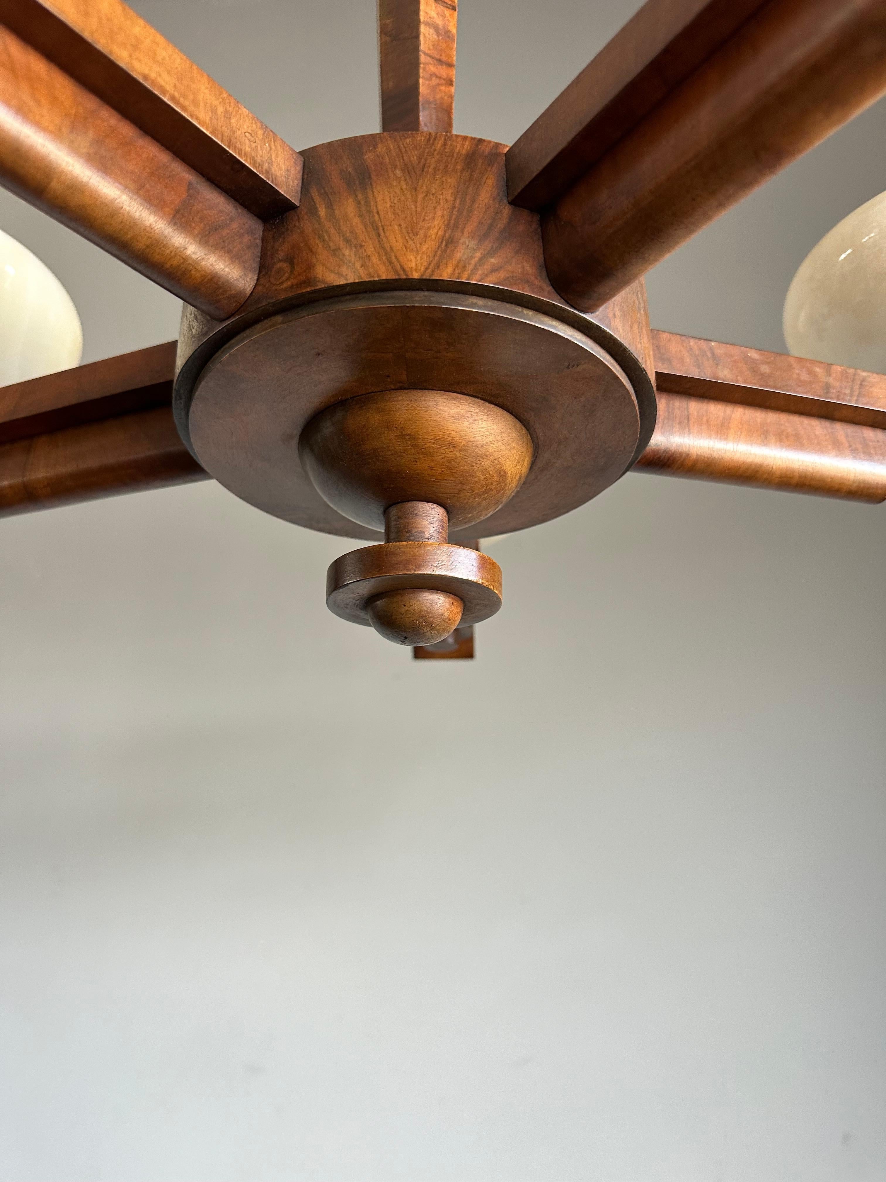Metal Pure Art Deco Design Nutwood and Five Alabaster Shades Pendant Light, Chandelier