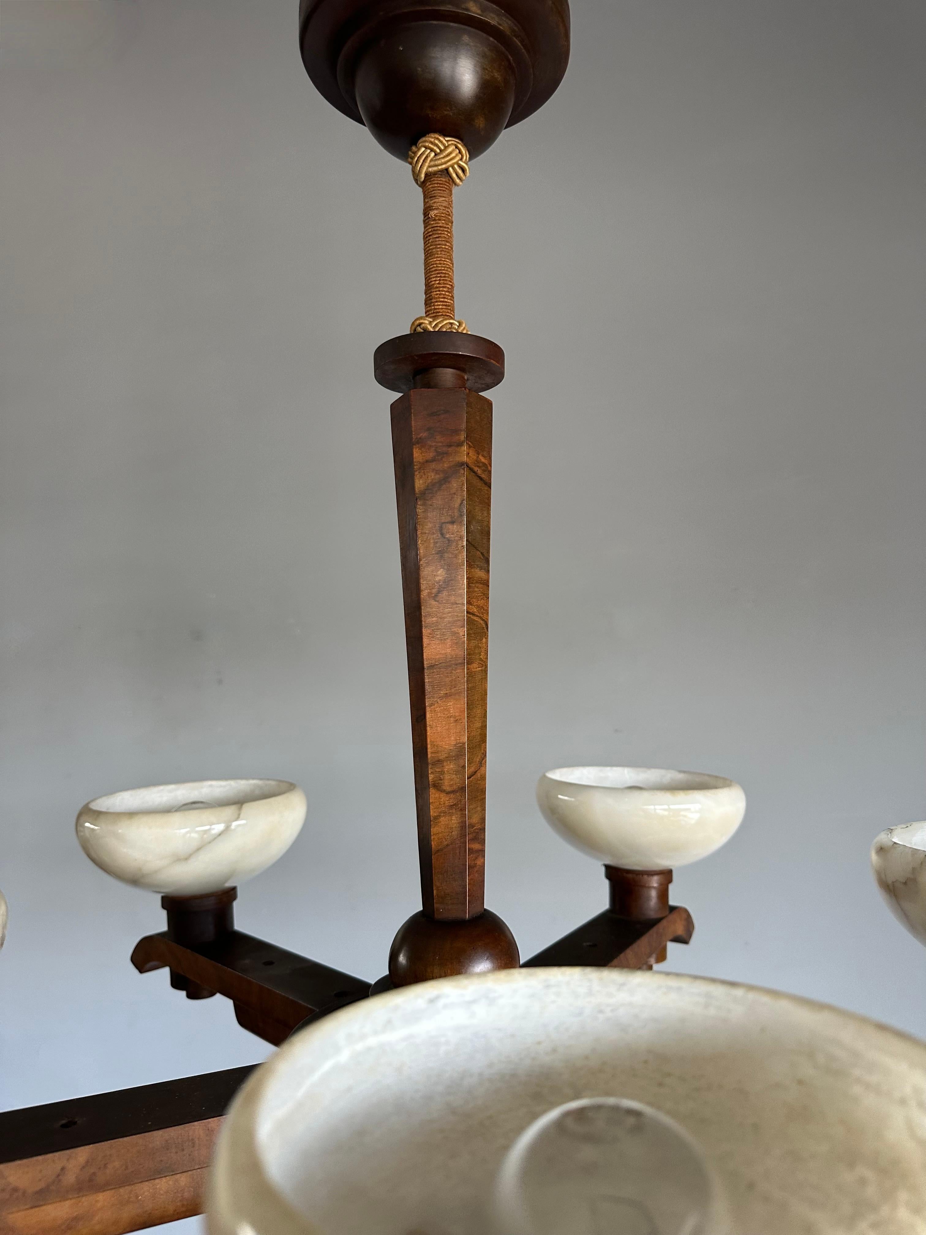 Pure Art Deco Design Nutwood and Five Alabaster Shades Pendant Light, Chandelier 1