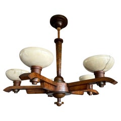 Pure Art Deco Design Nutwood and Five Alabaster Shades Pendant Light, Chandelier