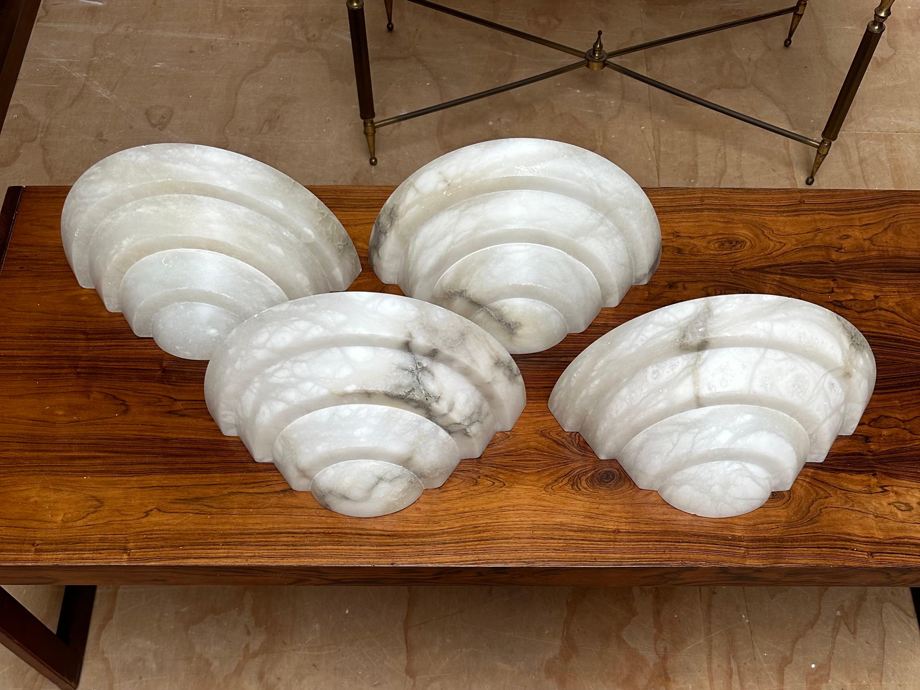 Pure Art Deco Design Pair Midcentury Made White Alabaster Layered Wall Sconces For Sale 12