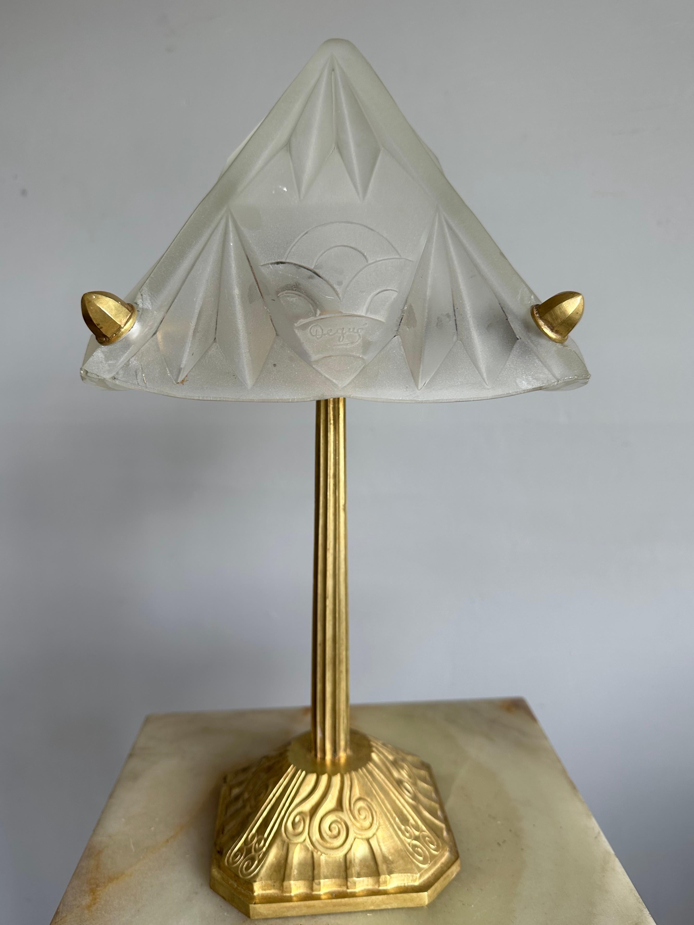 Pure Art Deco Desk / Table Lamp, Glass Shade On A Gilt Bronze Base Signed Degue For Sale 9