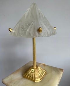 Pure Art Deco Desk / Table Lamp, Glass Shade On A Gilt Bronze Base Signed Degue