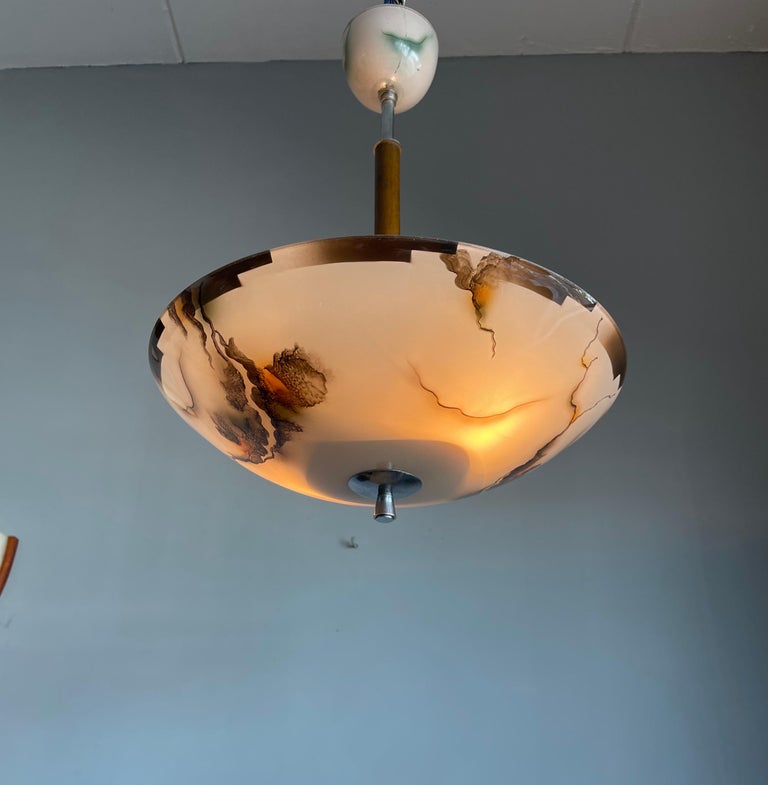 Pure Art Deco Glass, Chrome and Wood Pendant Light w. Marble Pattern
