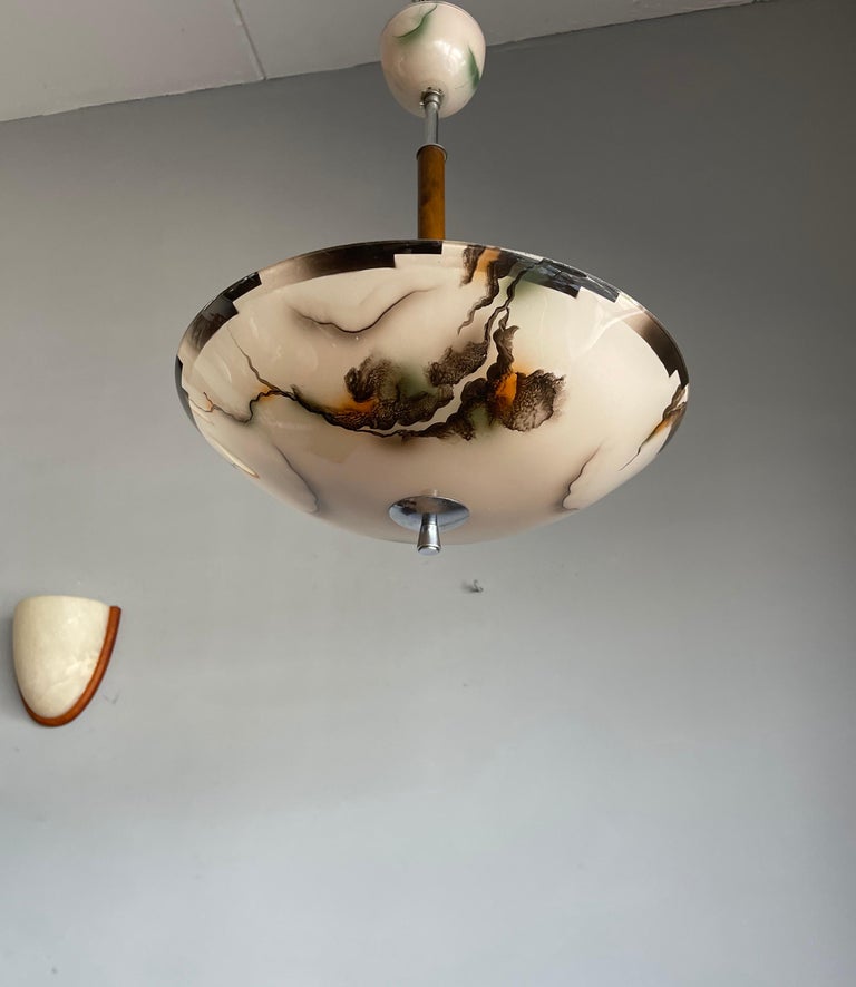 Pure Art Deco Glass, Chrome and Wood Pendant Light w. Marble Pattern