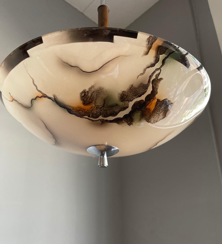 Pure Art Deco Glass, Chrome and Wood Pendant Light w. Marble Pattern