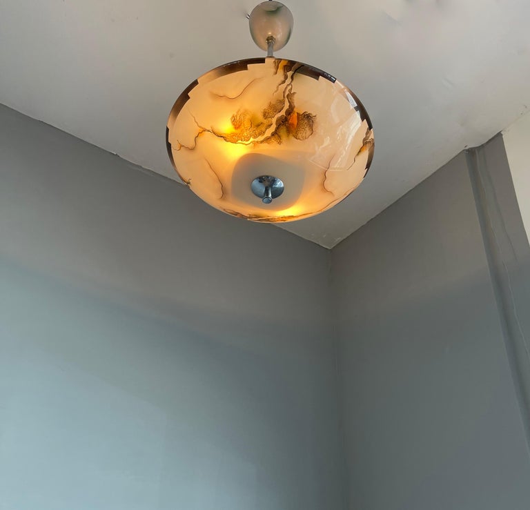 Pure Art Deco Glass, Chrome and Wood Pendant Light w. Marble Pattern