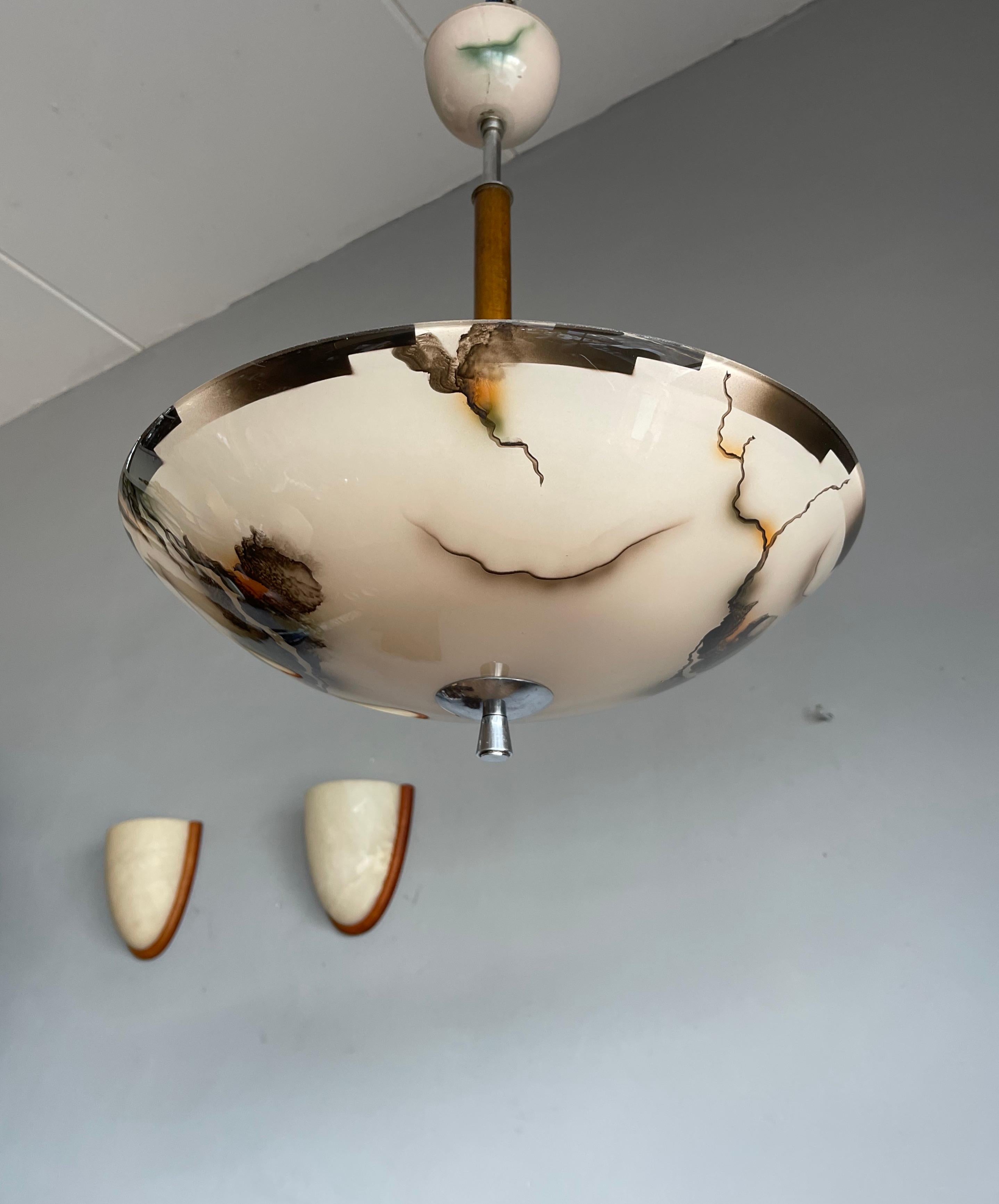 20th Century Pure Art Deco Glass, Chrome and Wood Pendant Light w. Marble Pattern, 1930