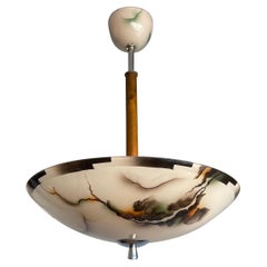 Pure Art Deco Glass, Chrome and Wood Pendant Light w. Marble Pattern, 1930