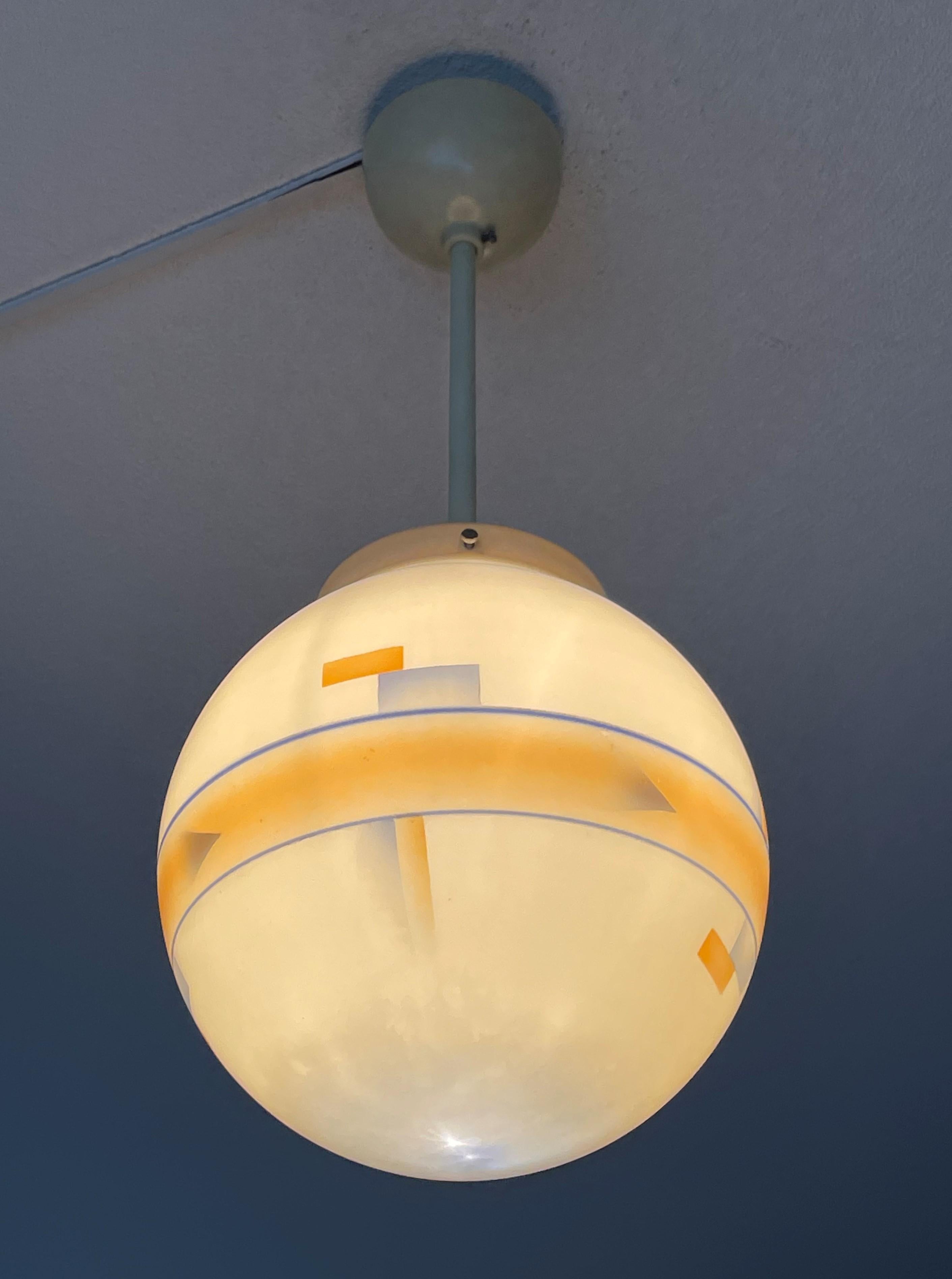 Cast Pure Art Deco Glass Pendant / Flush Mount w Bakelite Gallery & Adjustable Canopy For Sale