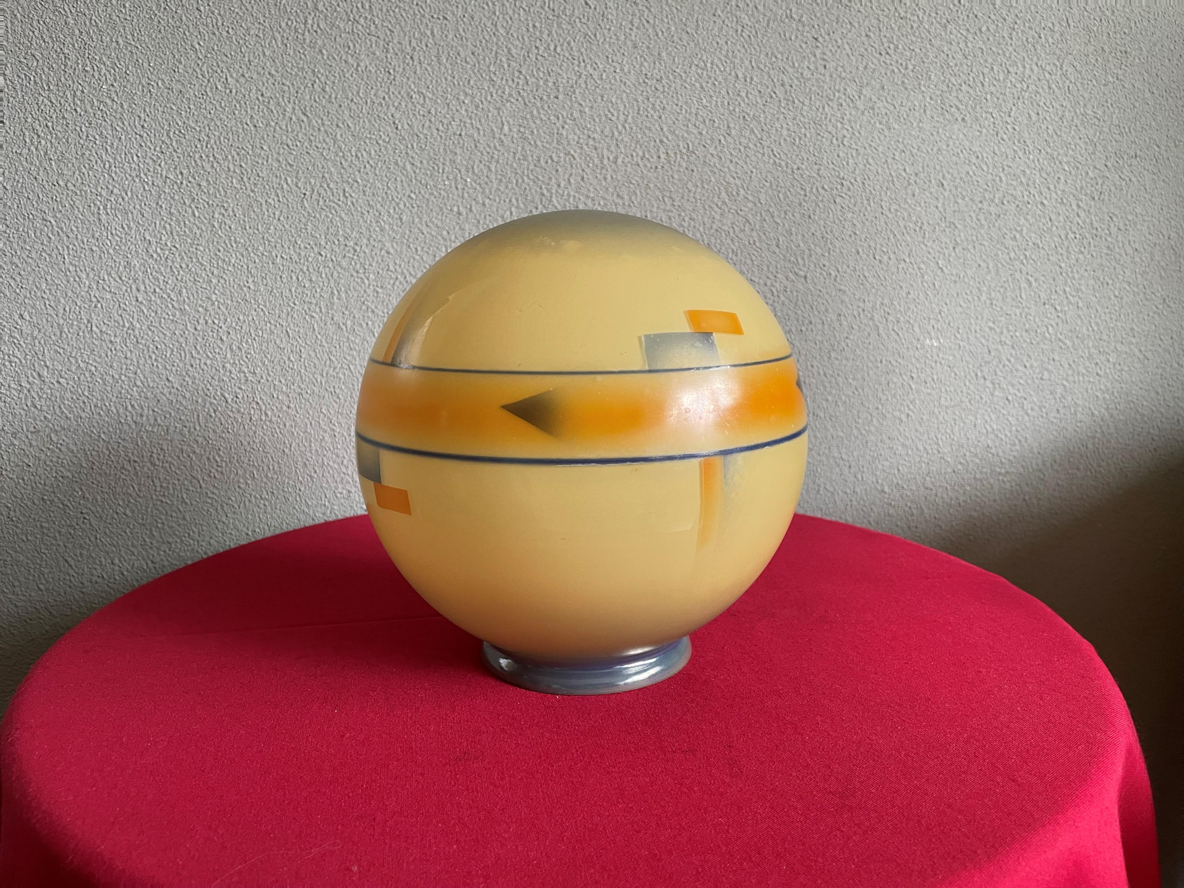 Pure Art Deco Glass Pendant / Flush Mount w Bakelite Gallery & Adjustable Canopy In Excellent Condition For Sale In Lisse, NL