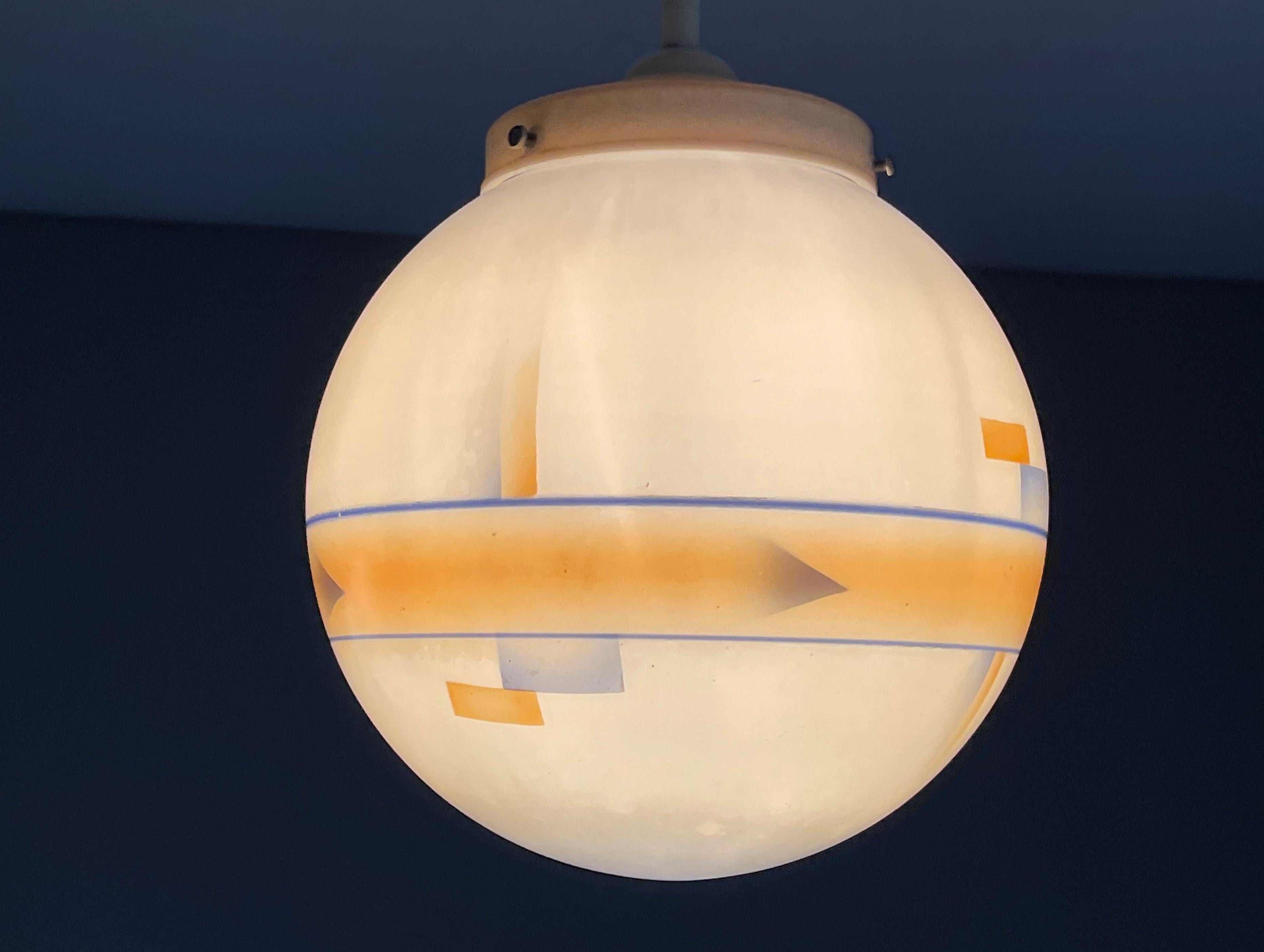 Pure Art Deco Glass Pendant / Flush Mount w Bakelite Gallery & Adjustable Canopy For Sale 1