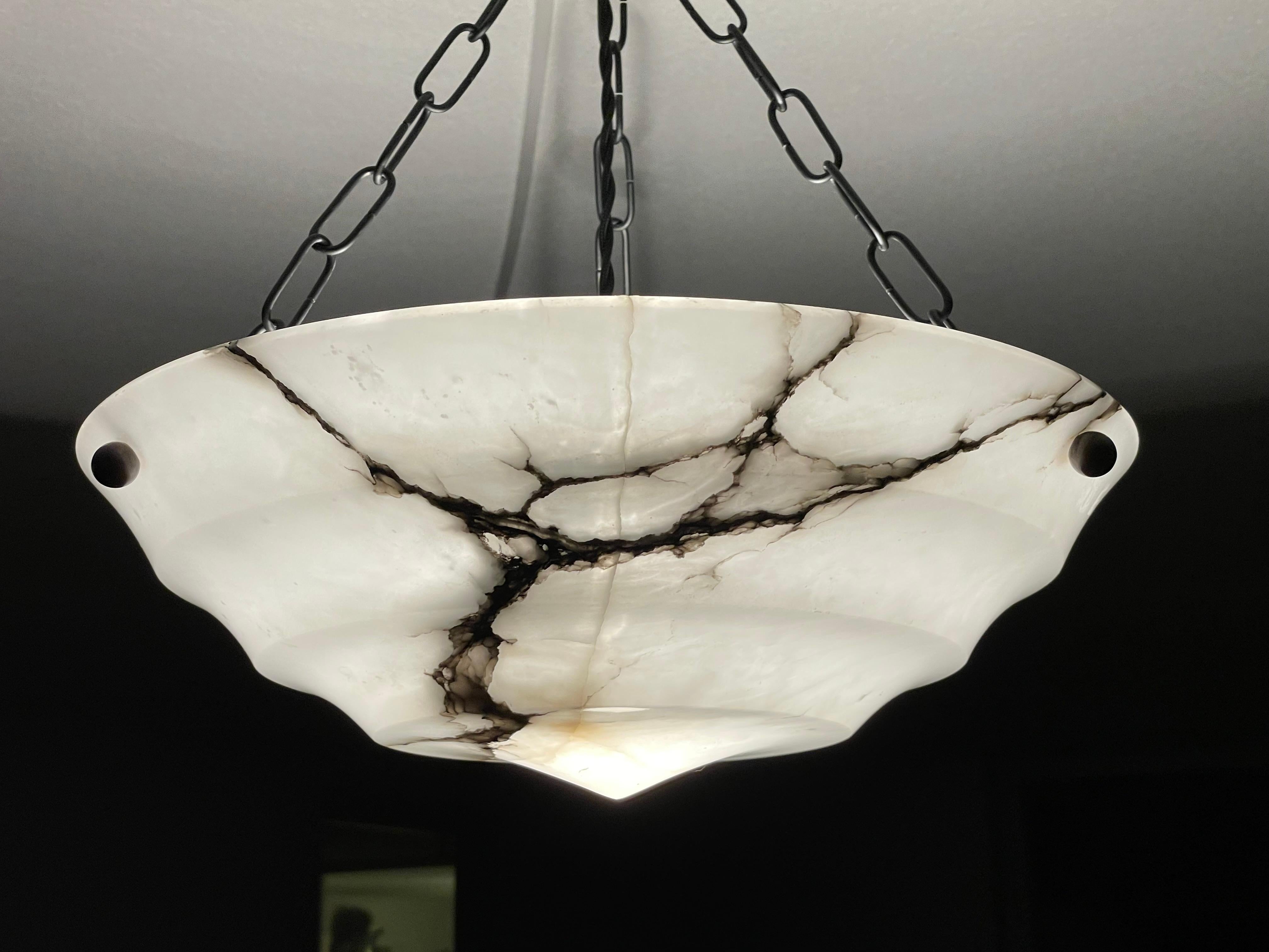 Pure Art Deco Layered Alabaster Pendant / Flush Mount W. Blackened Brass Canopy For Sale 5