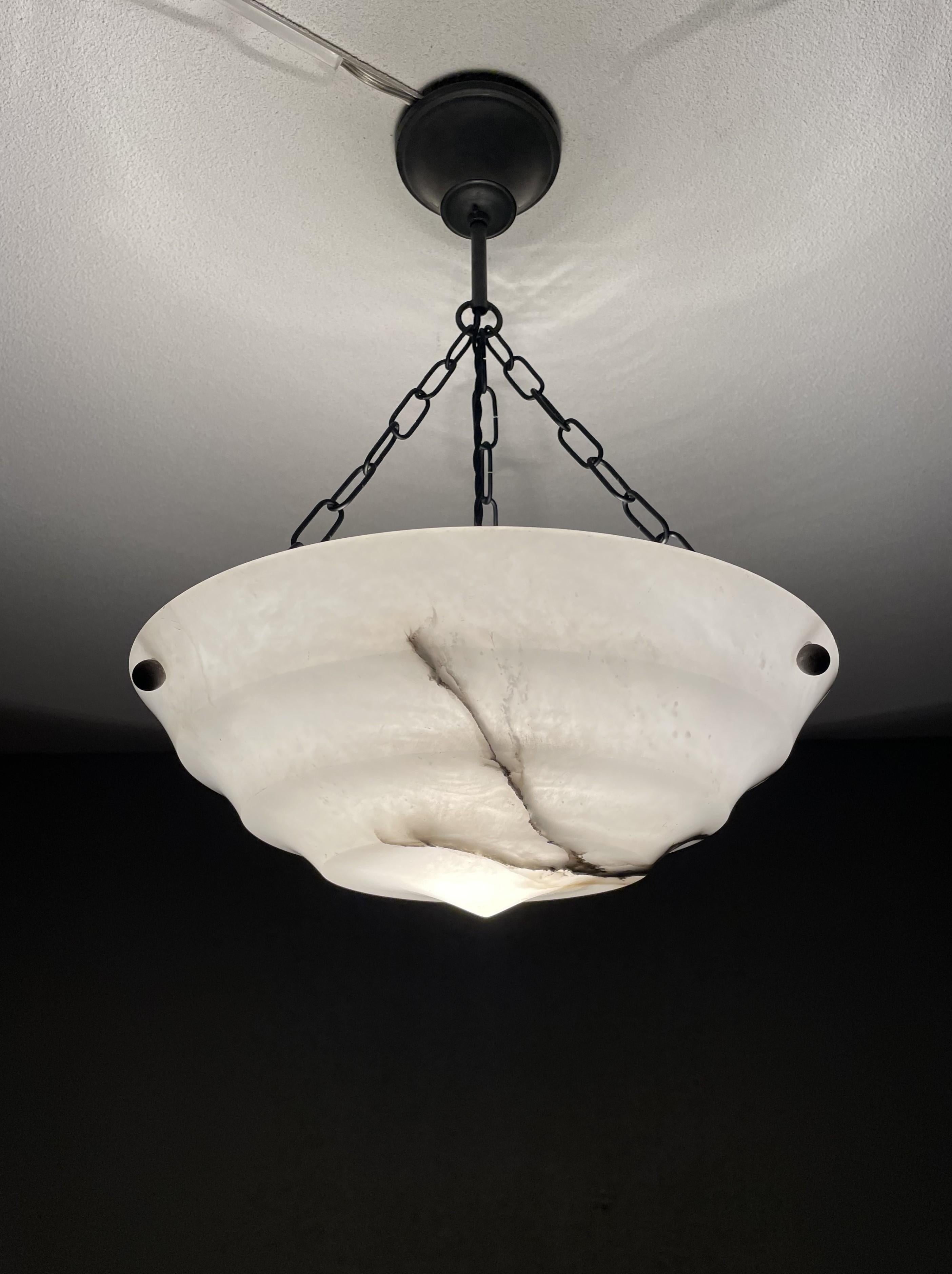 Pure Art Deco Layered Alabaster Pendant / Flush Mount W. Blackened Brass Canopy For Sale 8
