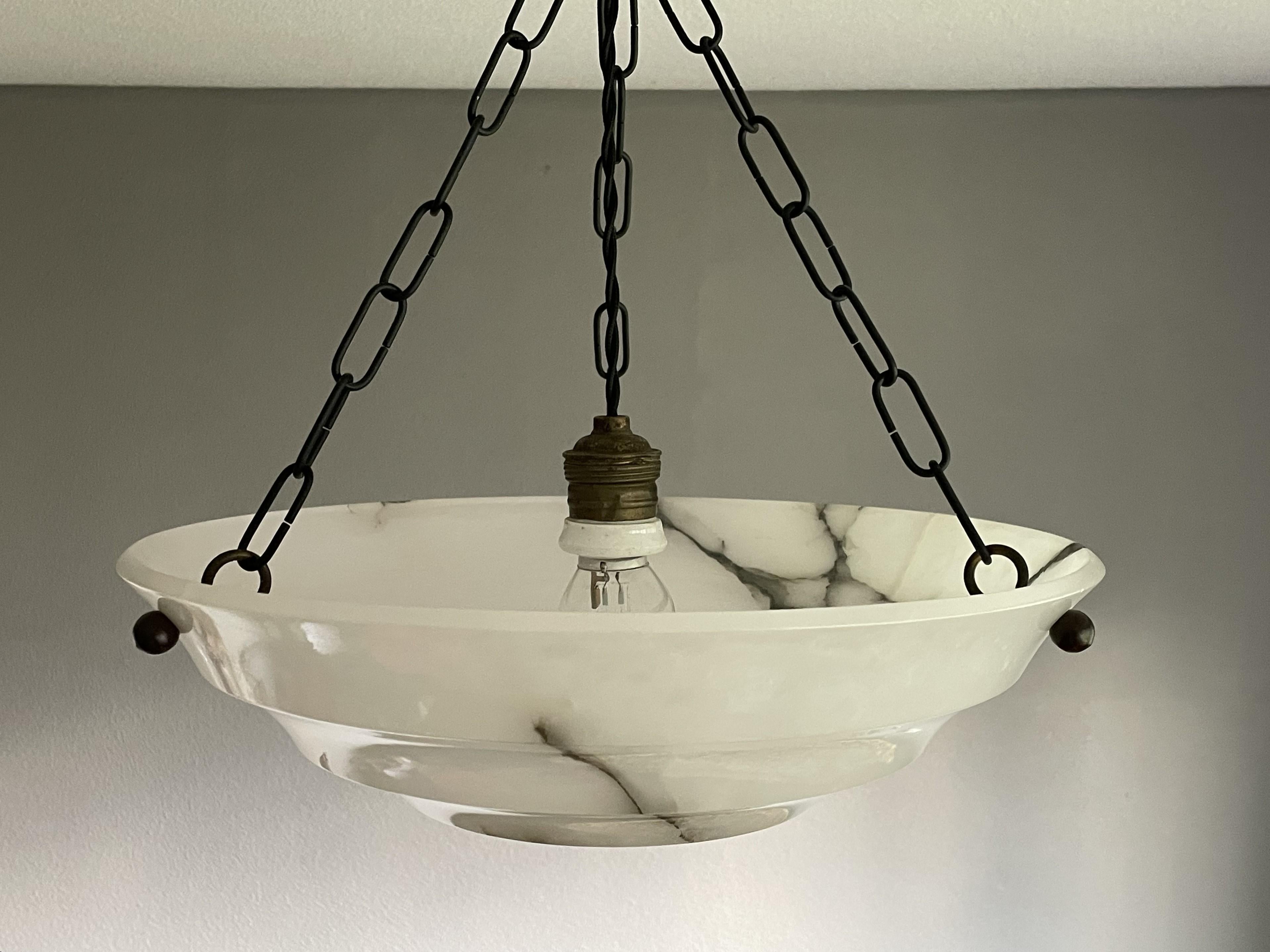 Pure Art Deco Layered Alabaster Pendant / Flush Mount W. Blackened Brass Canopy For Sale 9