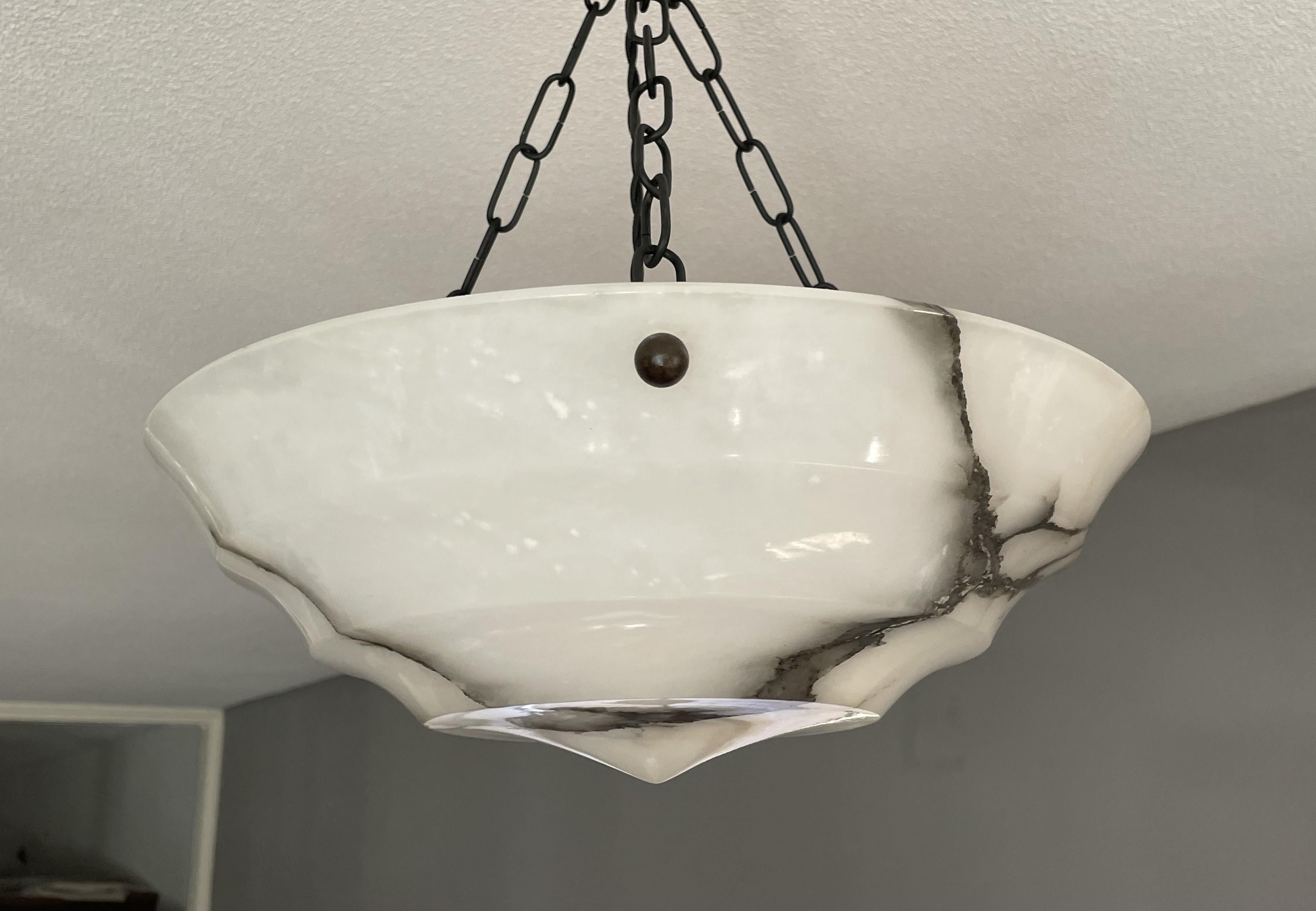 Pure Art Deco Layered Alabaster Pendant / Flush Mount W. Blackened Brass Canopy For Sale 10