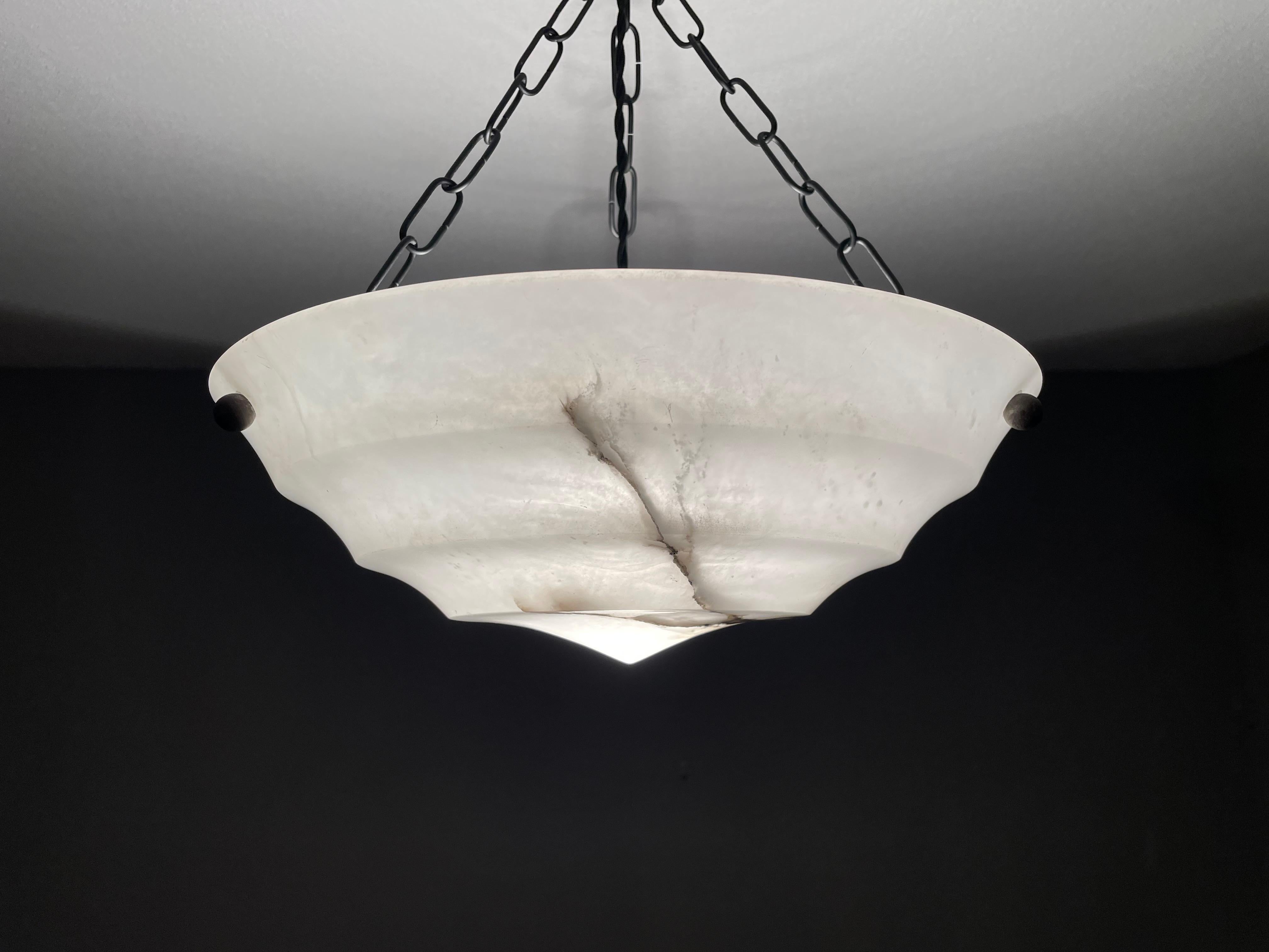 Metal Pure Art Deco Layered Alabaster Pendant / Flush Mount W. Blackened Brass Canopy For Sale